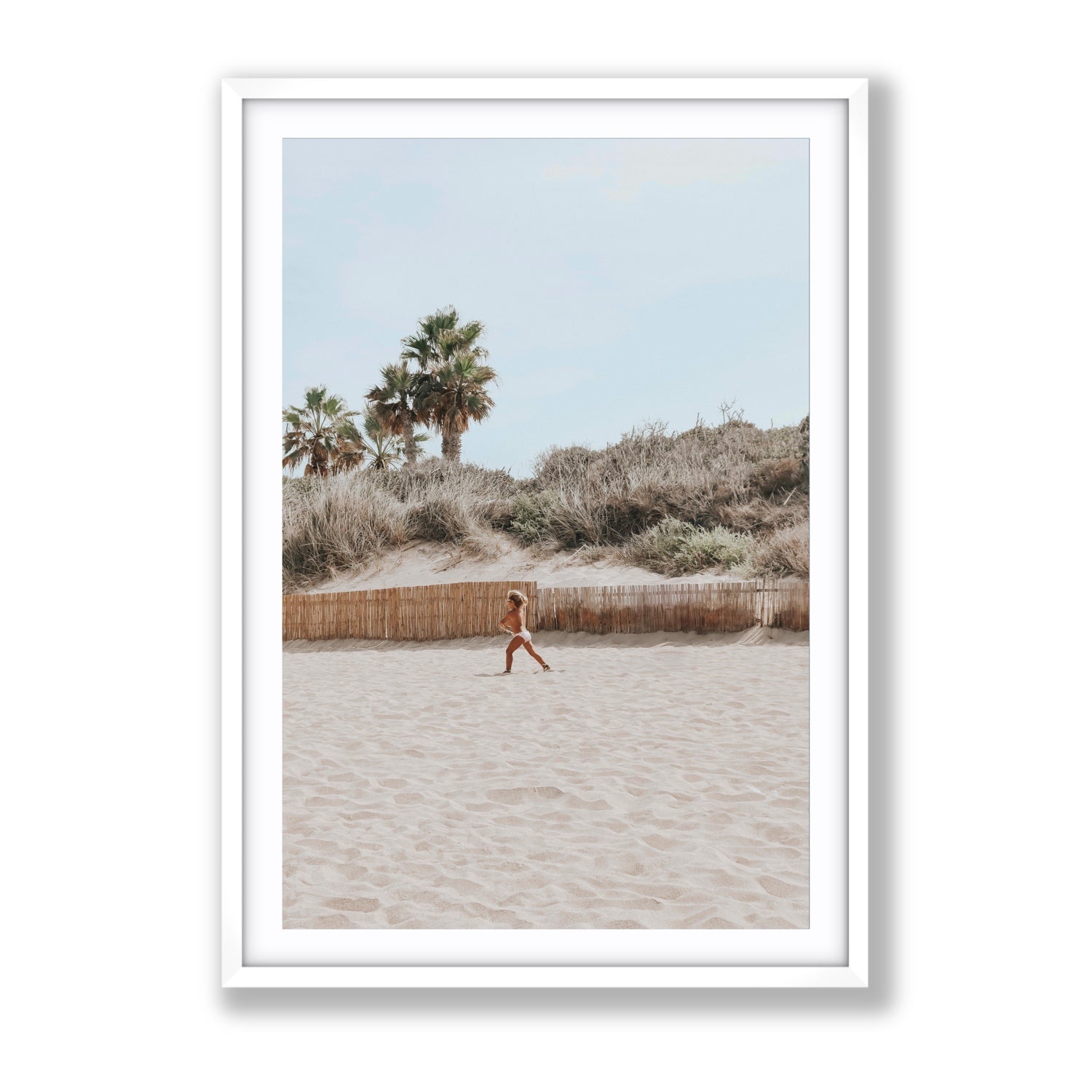 Joyful Sprint Puglia beach coastal fine art print Gallery fine art print in white frame with matboard