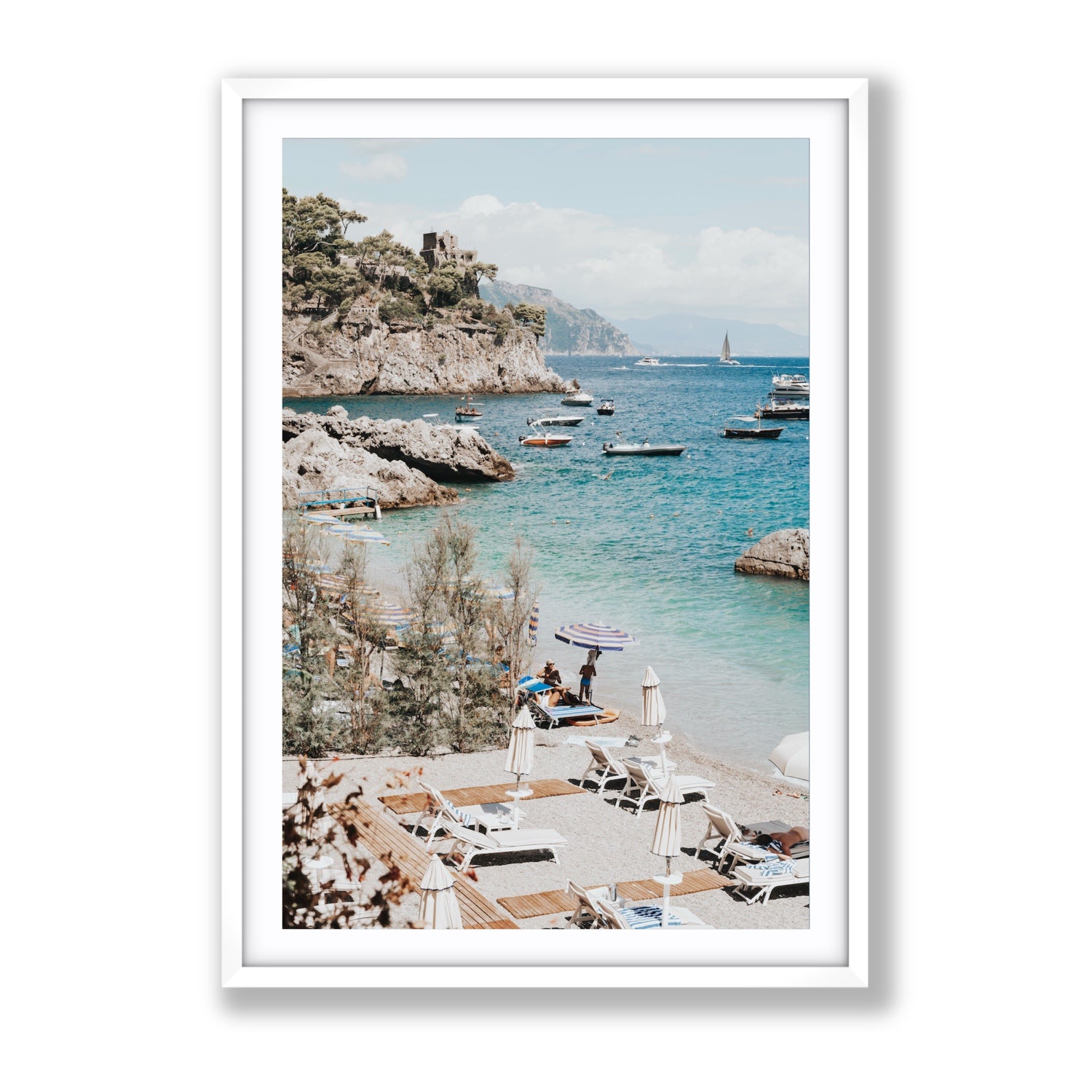 Sizzling Summer Days Amalfi coastal wall art Gallery fine art print in white frame with matboard