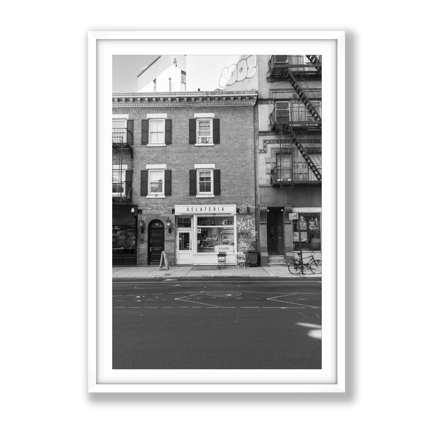 Gelateria New York NYC Black & White wall art Gallery fine art print in white frame with matboard