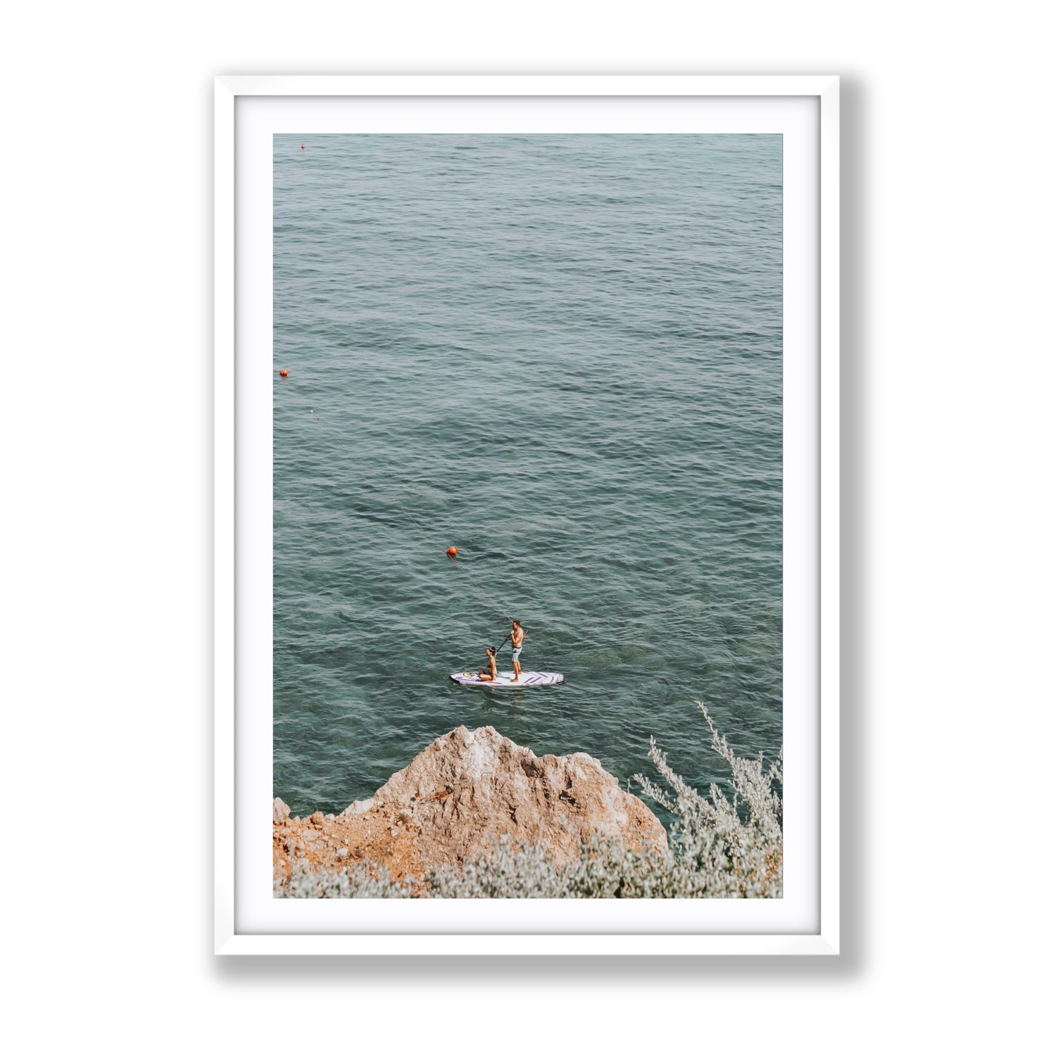 Into The Vibe Without Getting Wet Tuscany coastal wall art Gallery fine art print in white frame with matboard