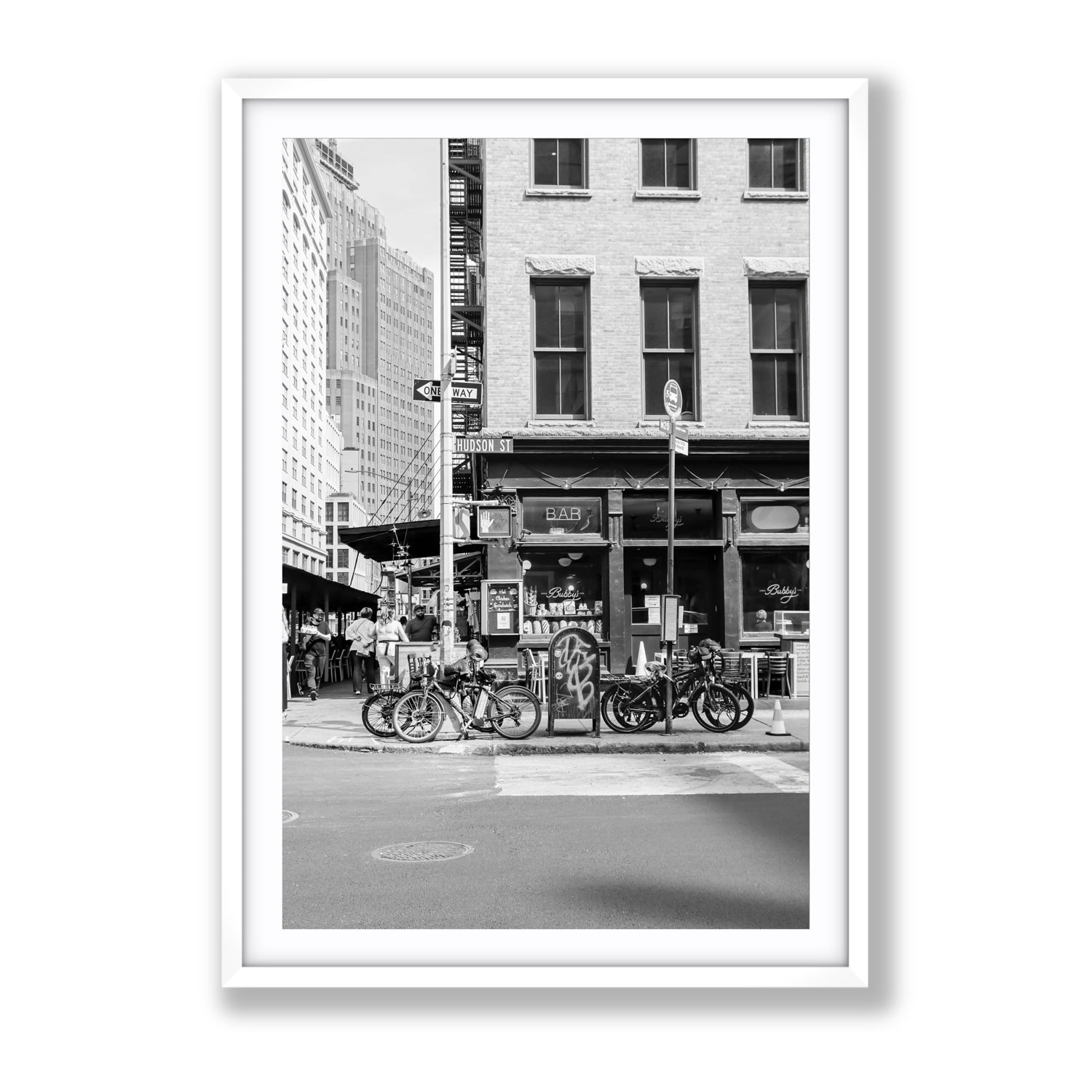 Bites Of The Big Apple New York NYC Black & White wall art Gallery fine art print in white frame with matboard