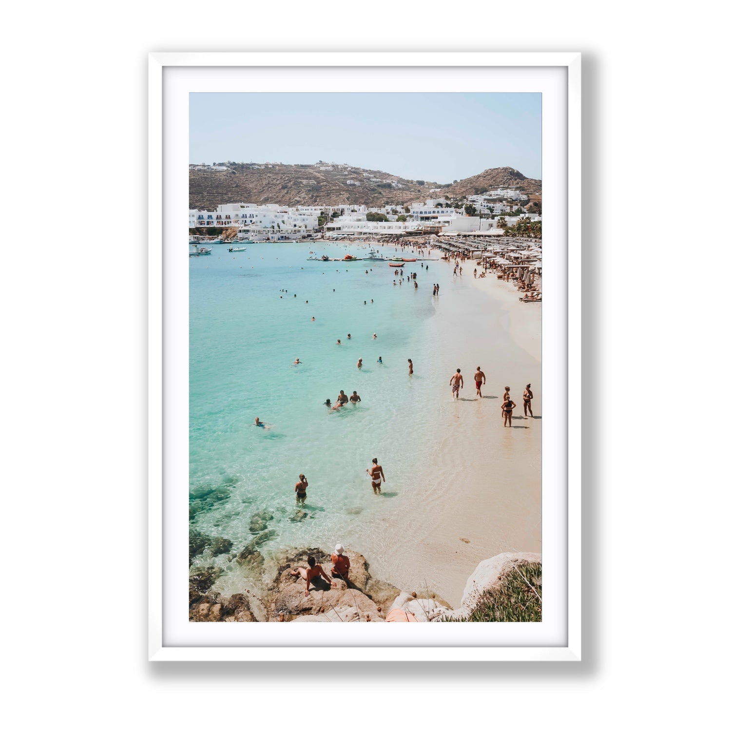 Breathe In The Salty Air Mykonos Greek island wall art Gallery fine art print in white frame with matboard