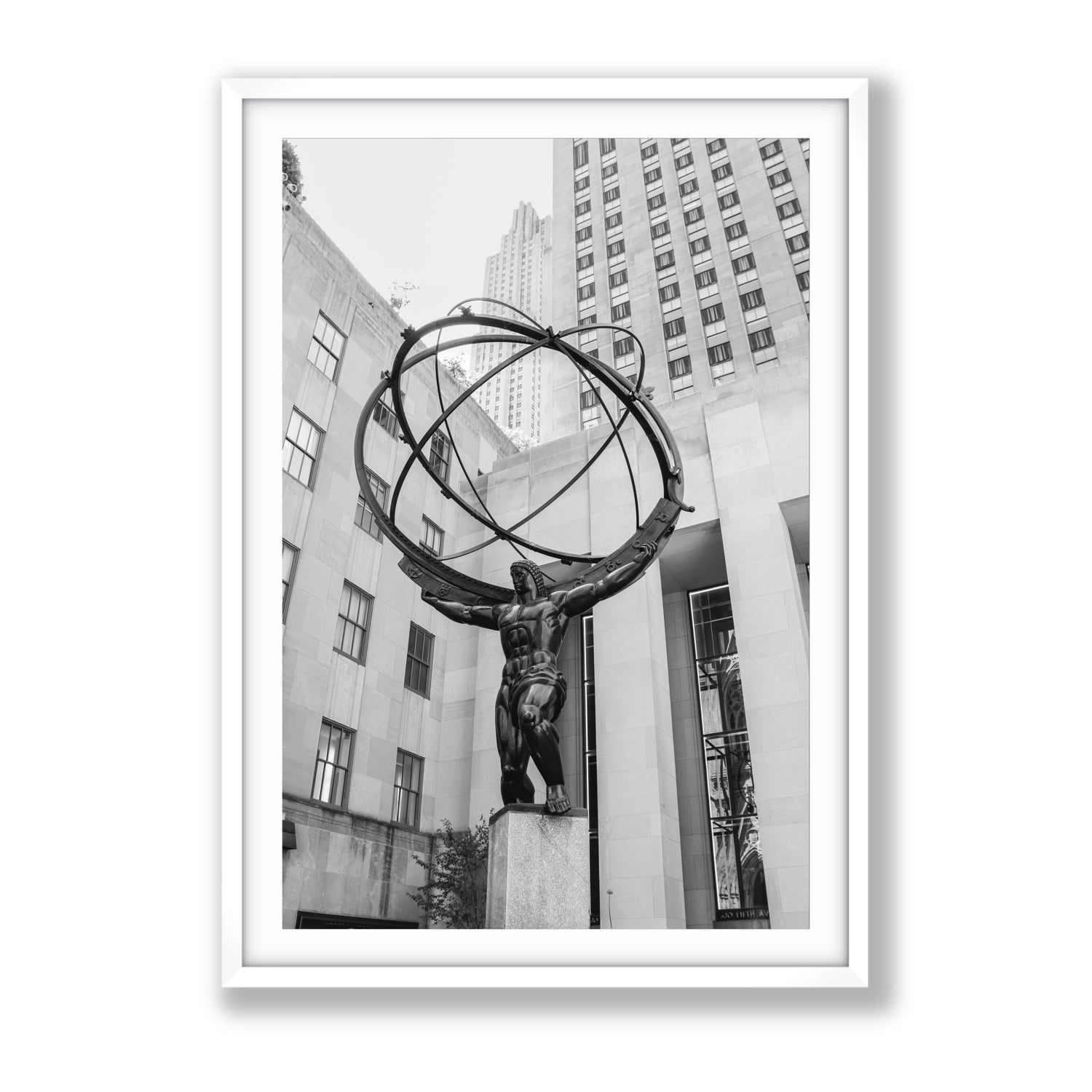 Atlas Ascends New York NYC Black & White wall art Gallery fine art print in white frame with matboard