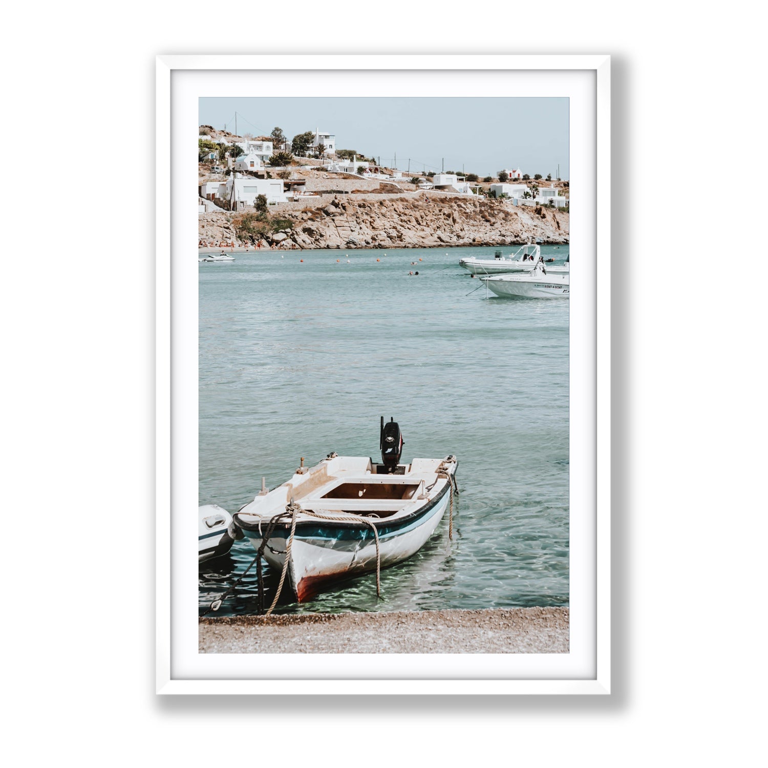 Classic Wheels Mykonos Greek island wall art Gallery fine art print in white frame with matboard