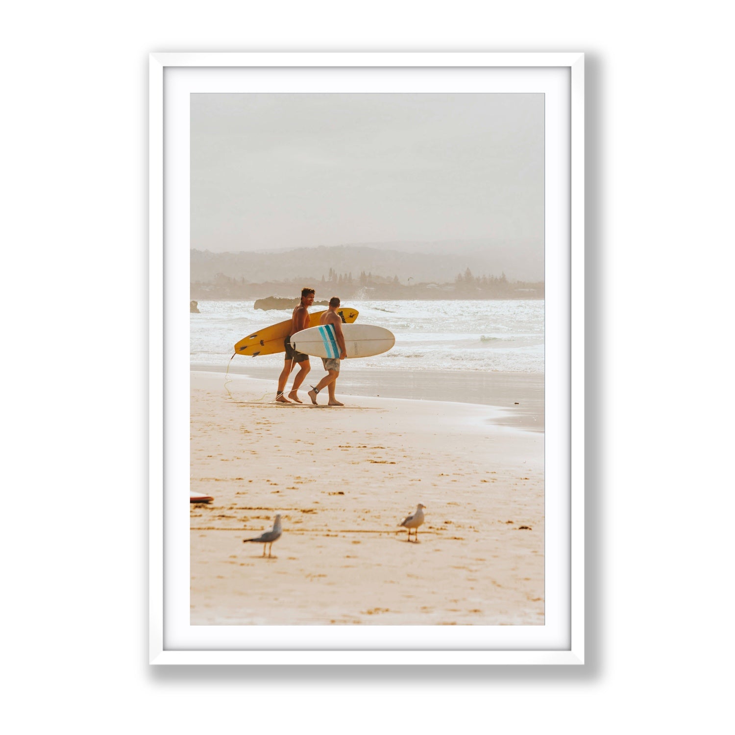 Shane & Benji Byron Bay Surf coastal wall art Gallery fine art print in white frame with matboard