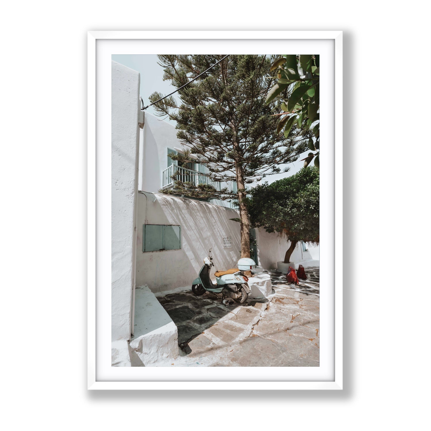 The Getaway Mykonos Mediterranean Greek island art print Gallery fine art print in white frame with matboard