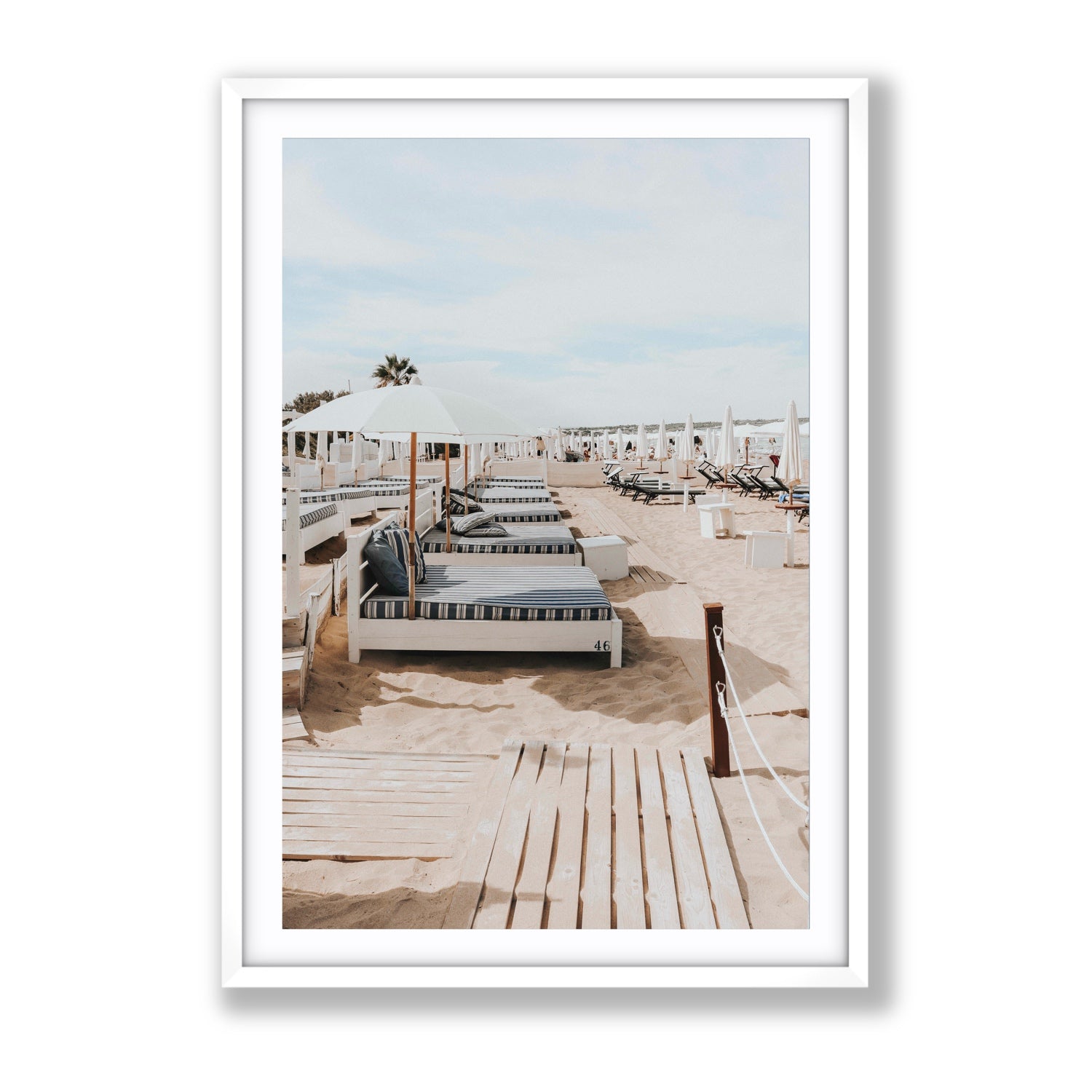 Coastal Repose Puglia beach Mediterranean fine art print Gallery fine art print in white frame with matboard