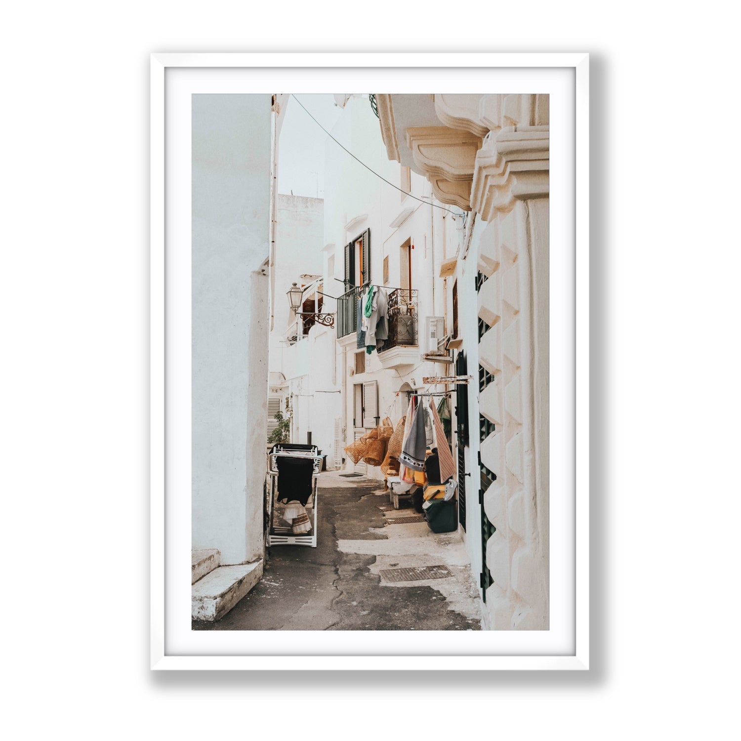 Hanging Harmony Puglia Italian wall art Gallery fine art print in white frame with matboard