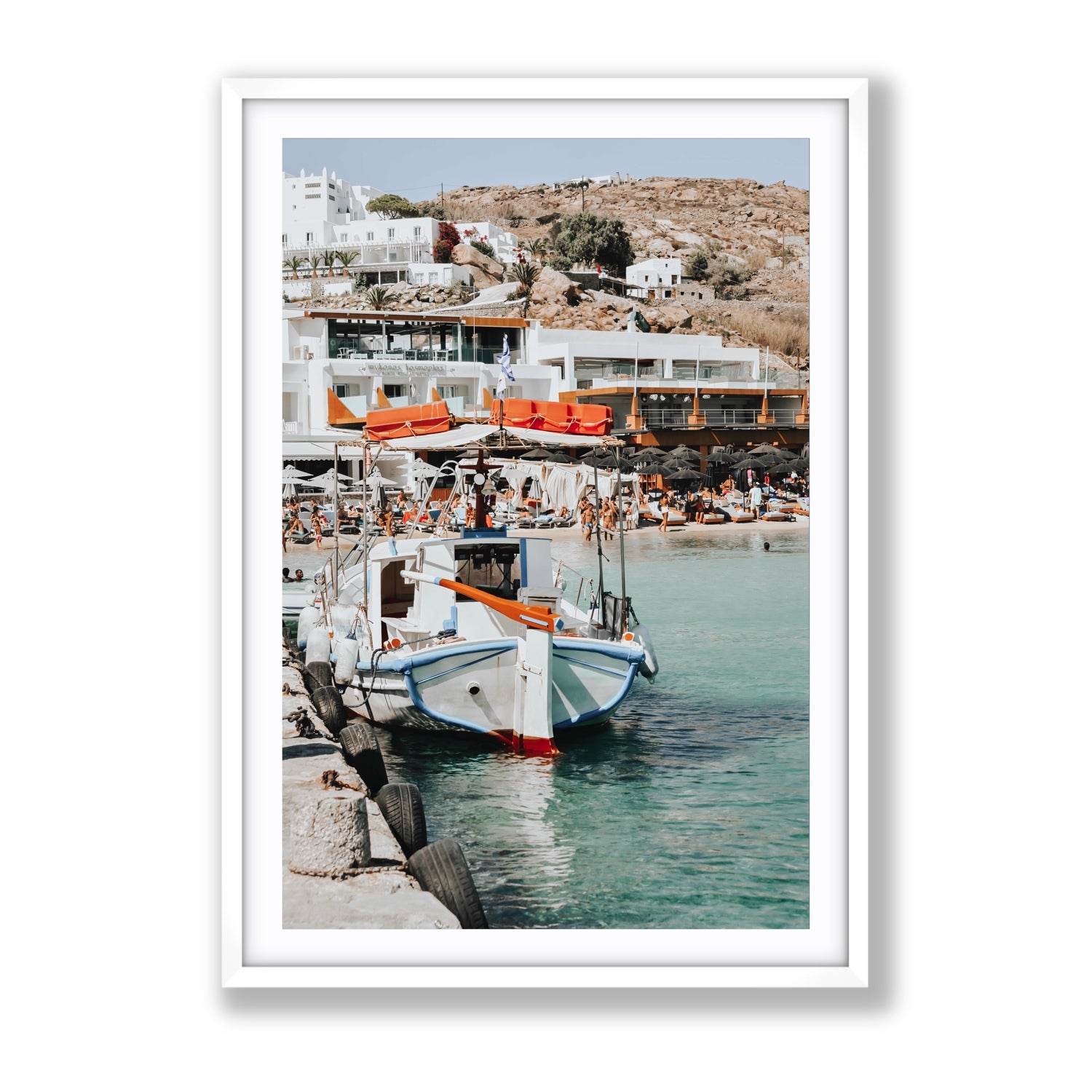 Travel In Style Mykonos Greek island wall art Gallery fine art print in white frame with matboard