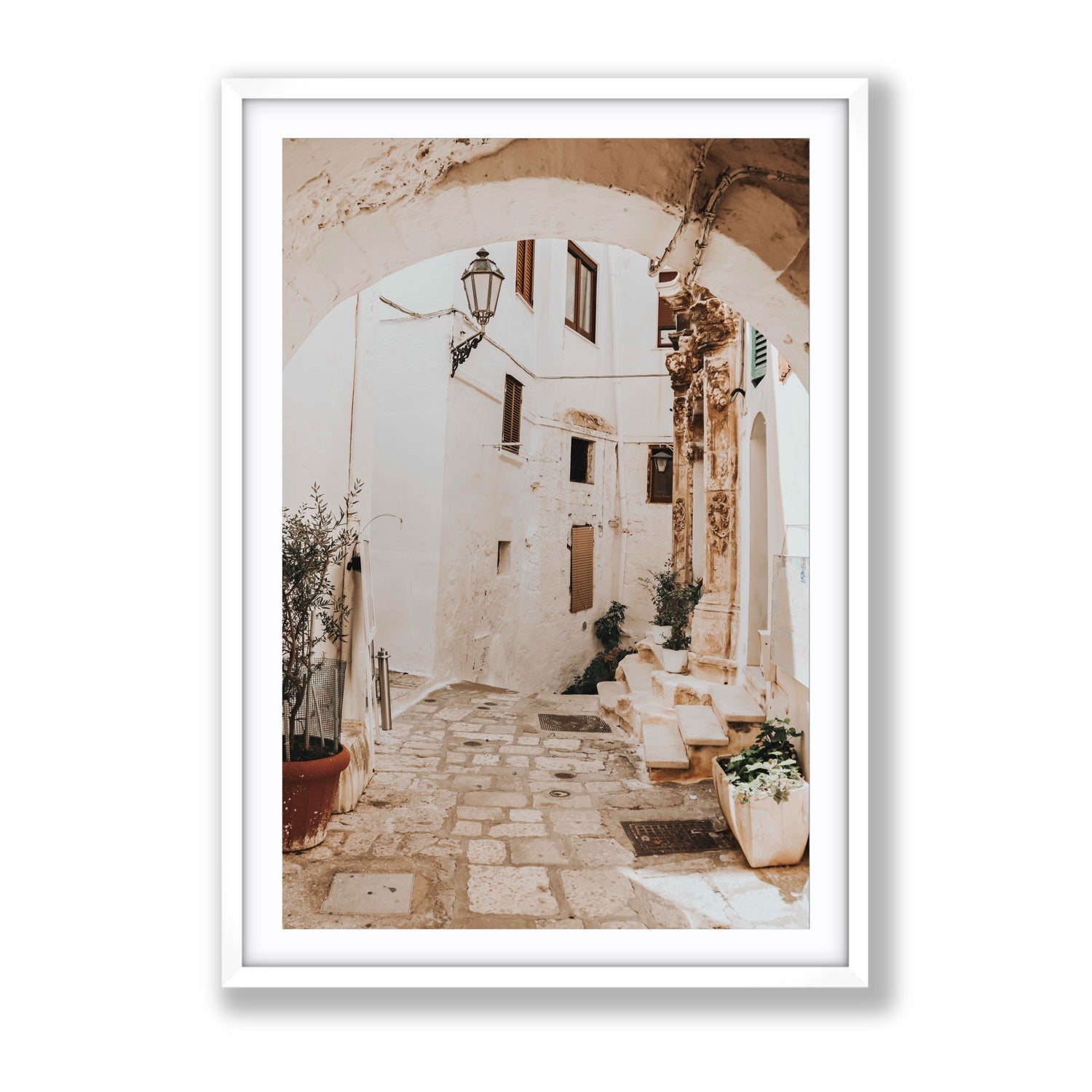 Pathway Wander Puglia Ostuni wall art Gallery fine art print in white frame with matboard