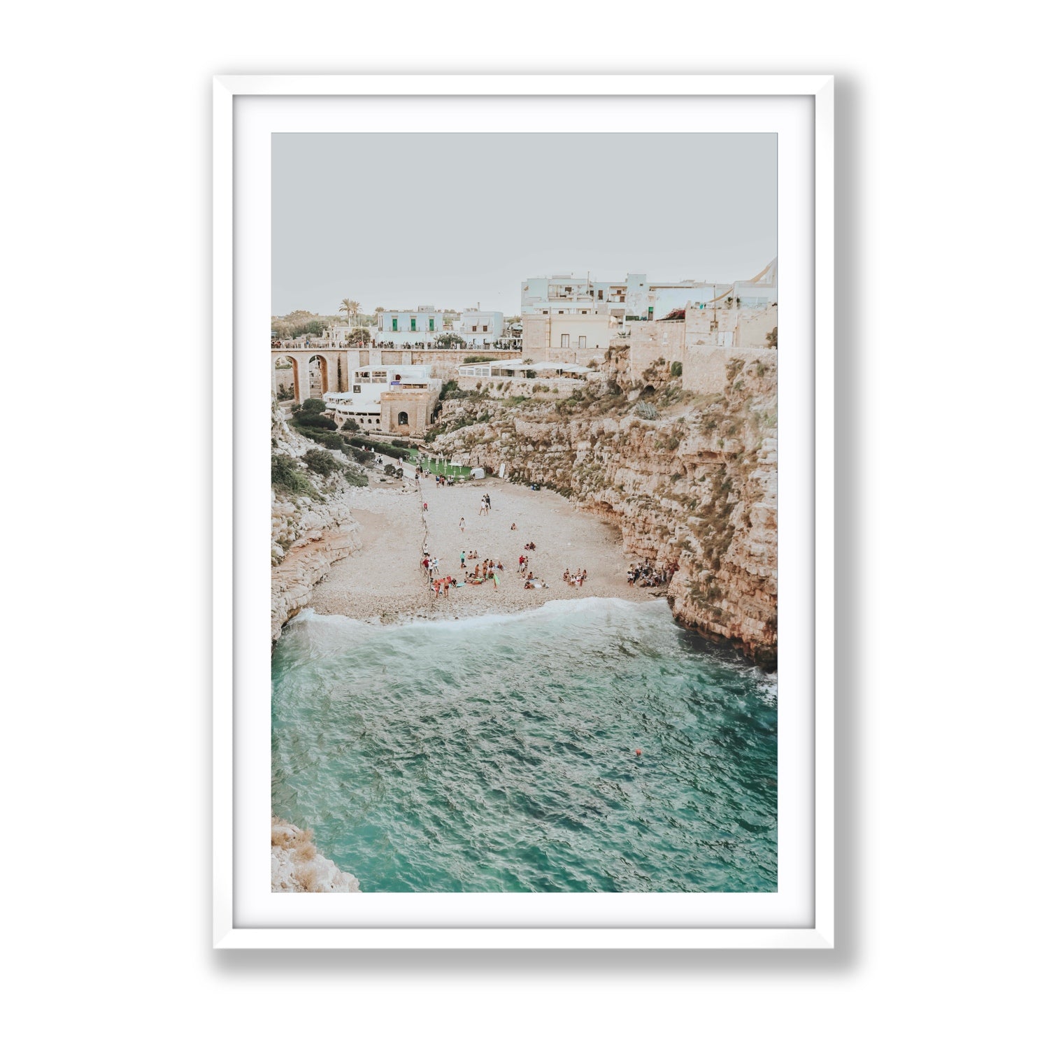 Polignano Vista Puglia coastal Italian beach fine art print Gallery fine art print in white frame with matboard