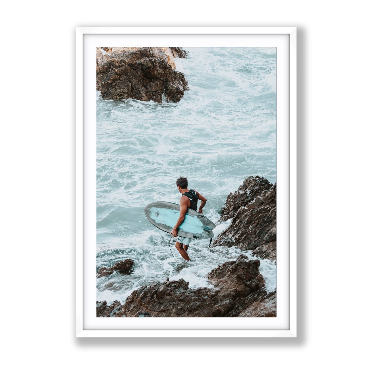 Into The Soup Byron Bay Surf coastal wall art Gallery fine art print in white frame with matboard