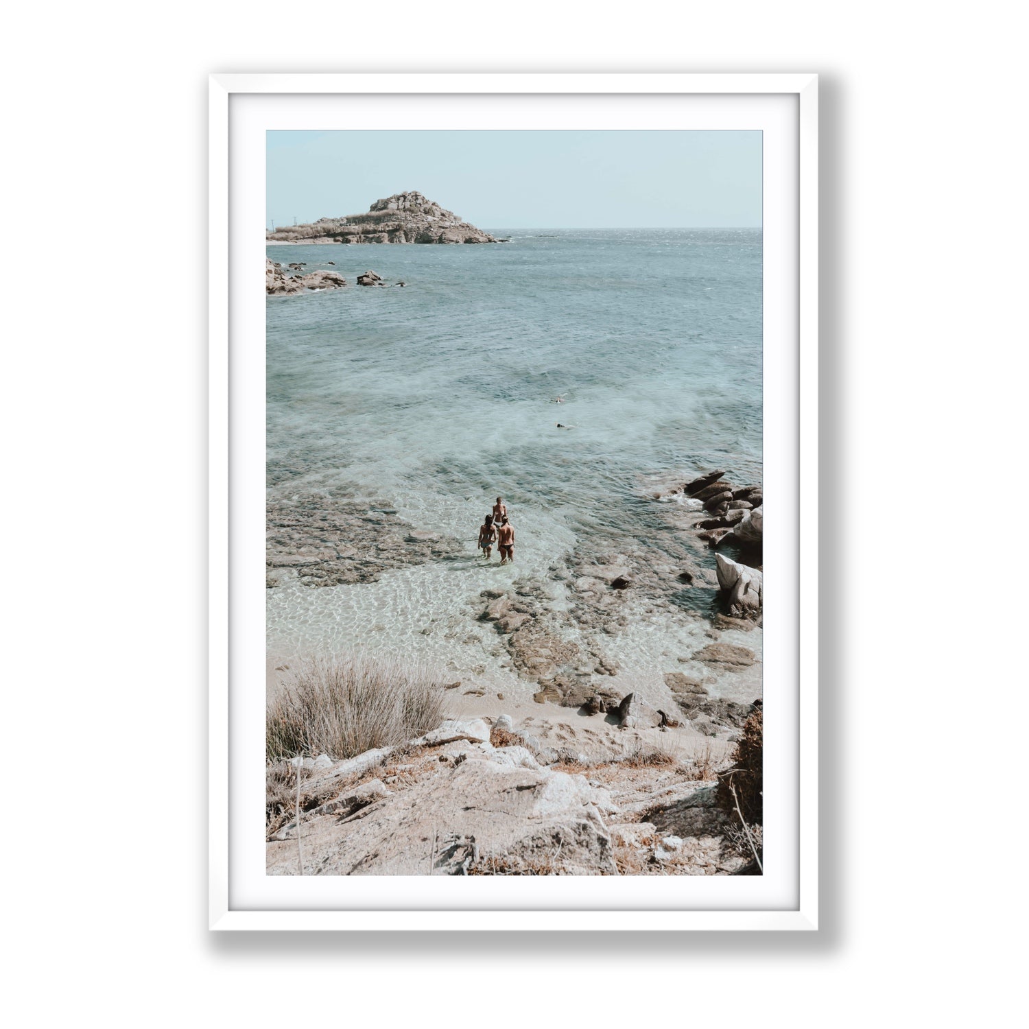 Island Life Mykonos coastal Greek island wall art Gallery fine art print in white frame with matboard