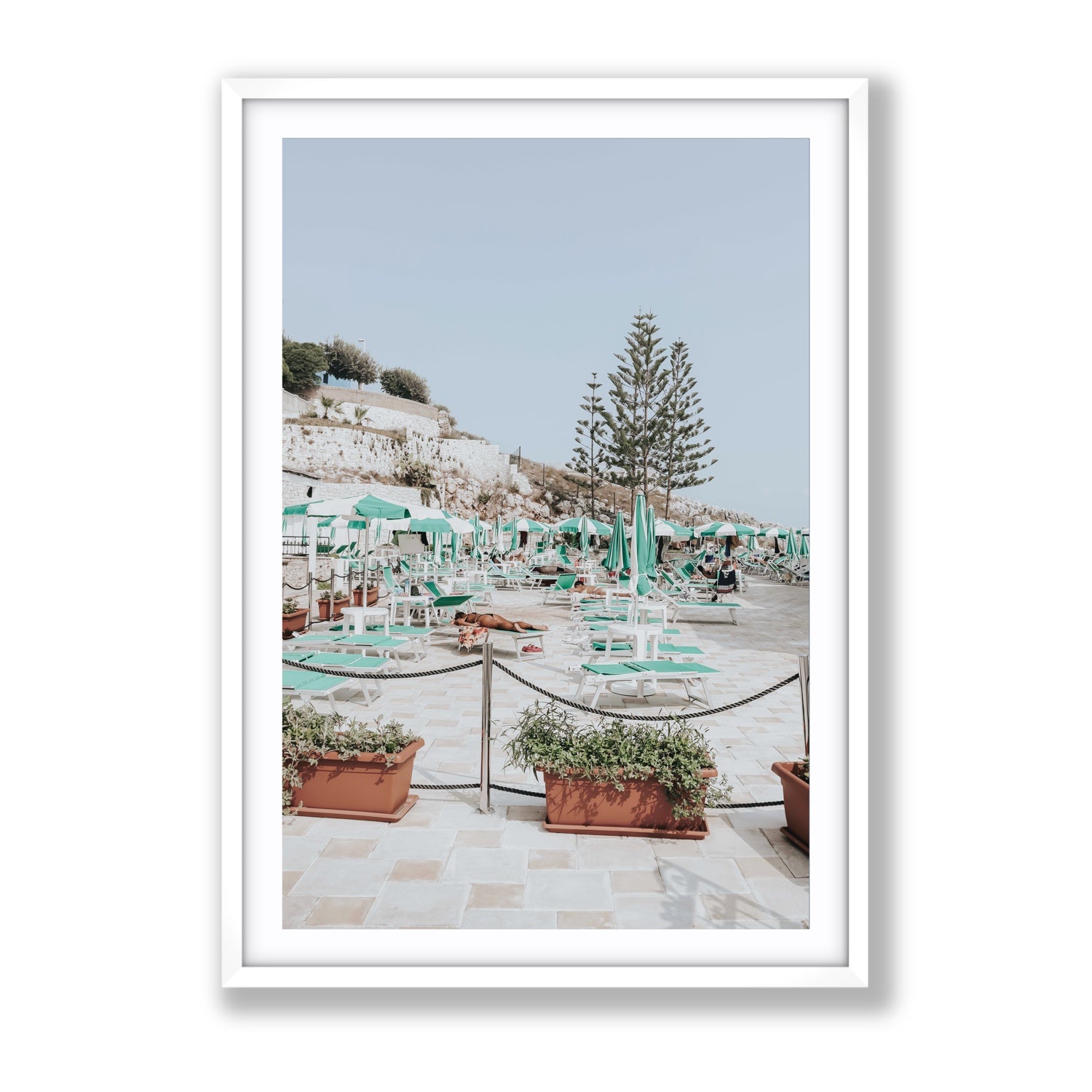 Siesta on The Terrace Puglia coastal wall art Gallery fine art print in white frame with matboard