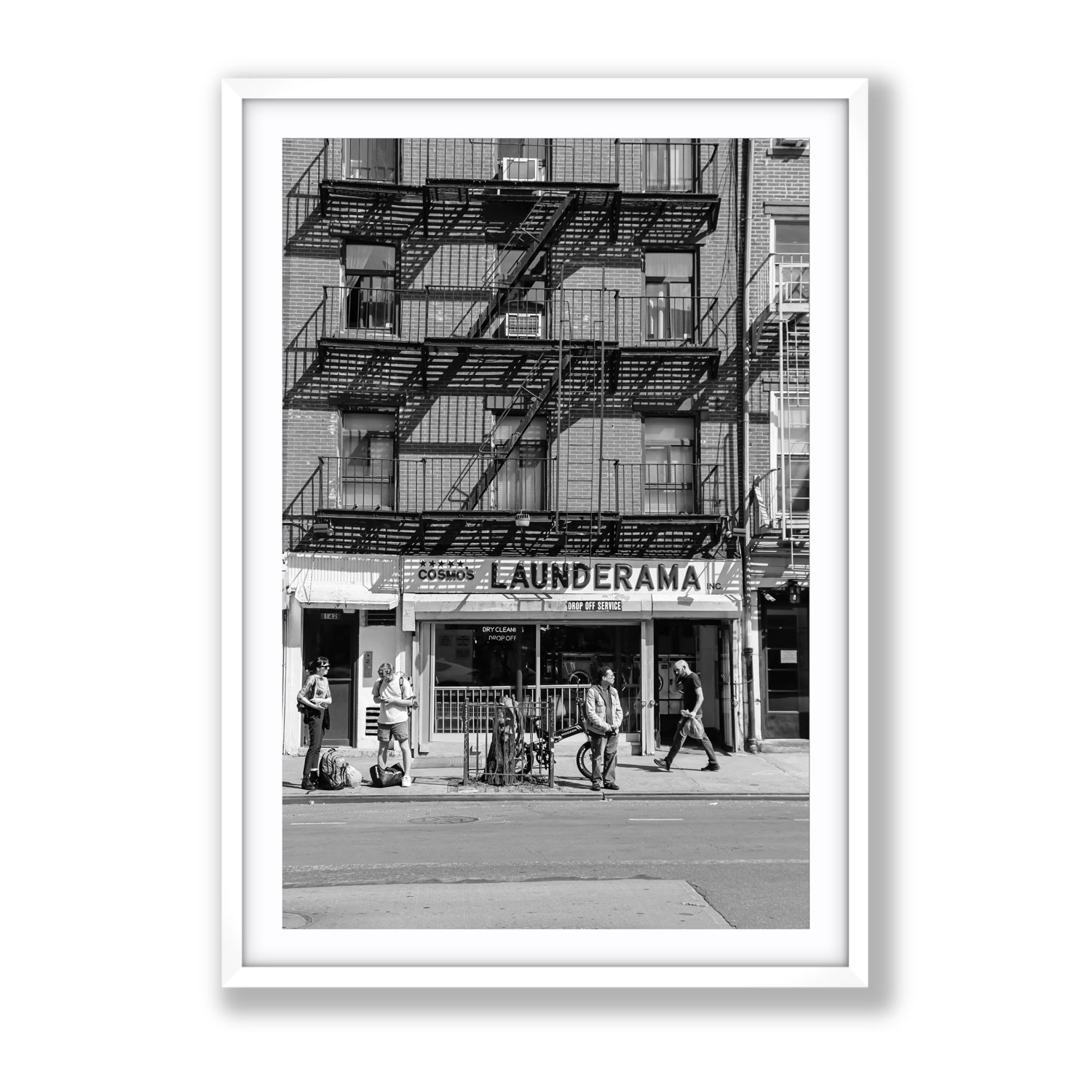 Bus Stop New York NYC Black & White wall art Gallery fine art print in white frame with matboard