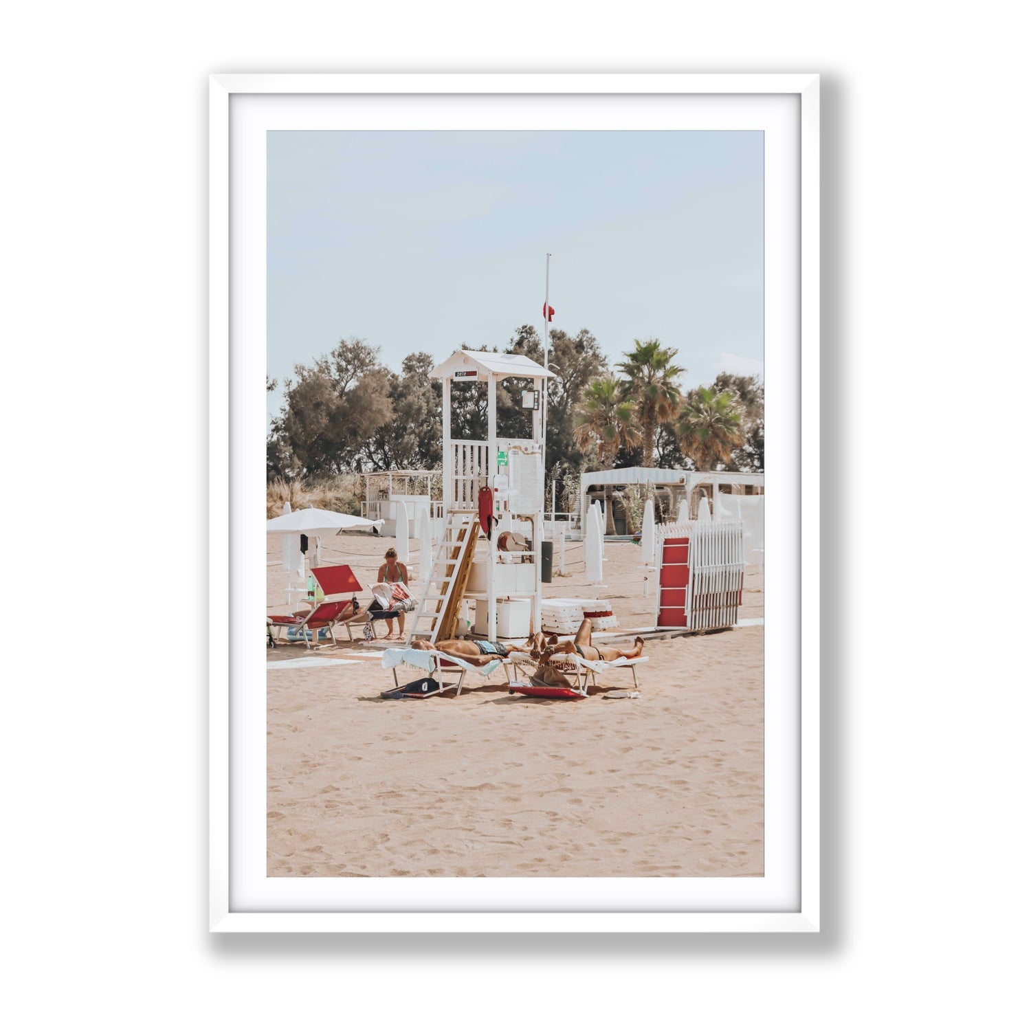Red Lounge Reverie Puglia beach coastal wall art Gallery fine art print in white frame with matboard