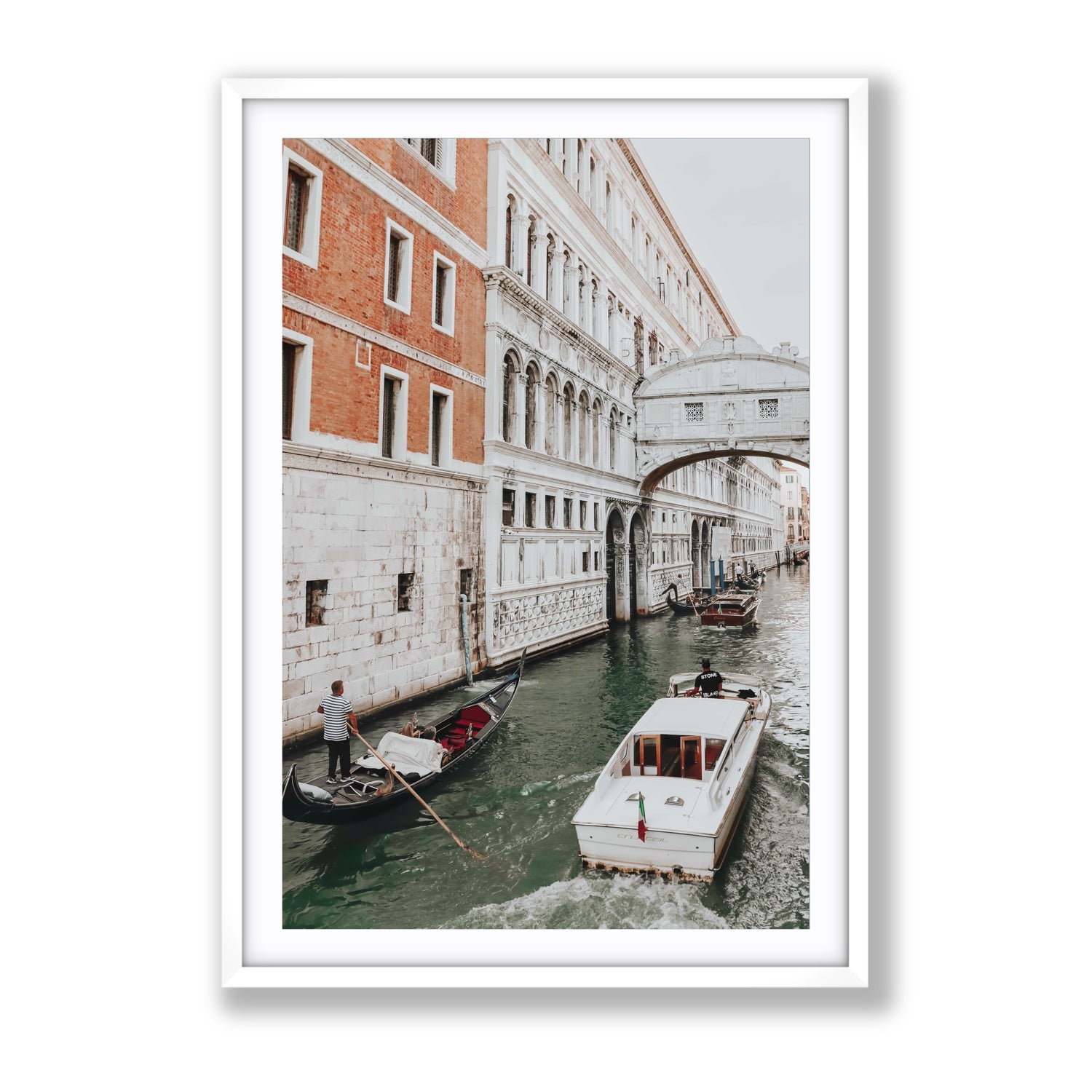 Under the Bridge Venice Gondola Italian wall art Gallery fine art print in white frame with matboard