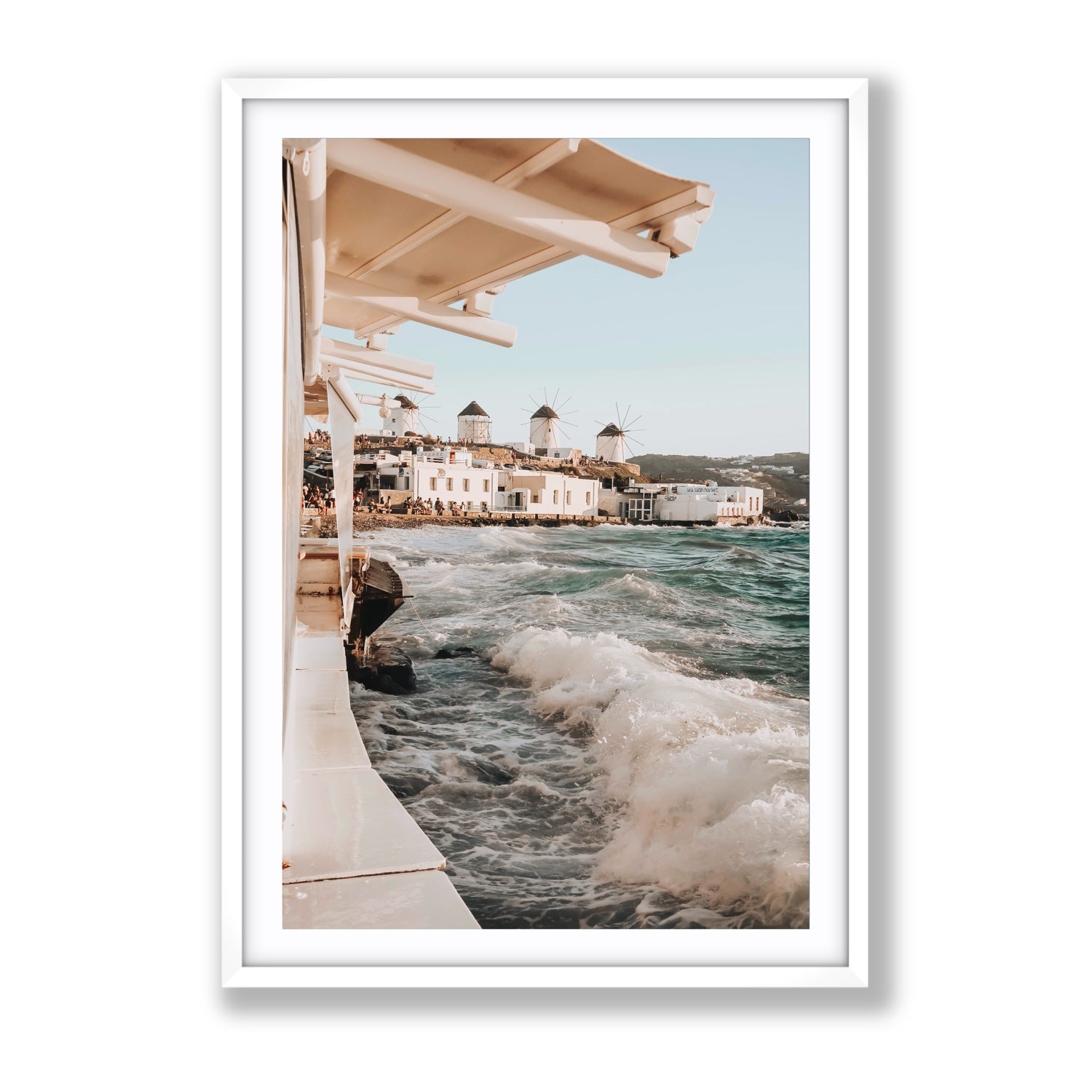 Windmills Mykonos Greek island wall art Gallery fine art print in white frame with matboard