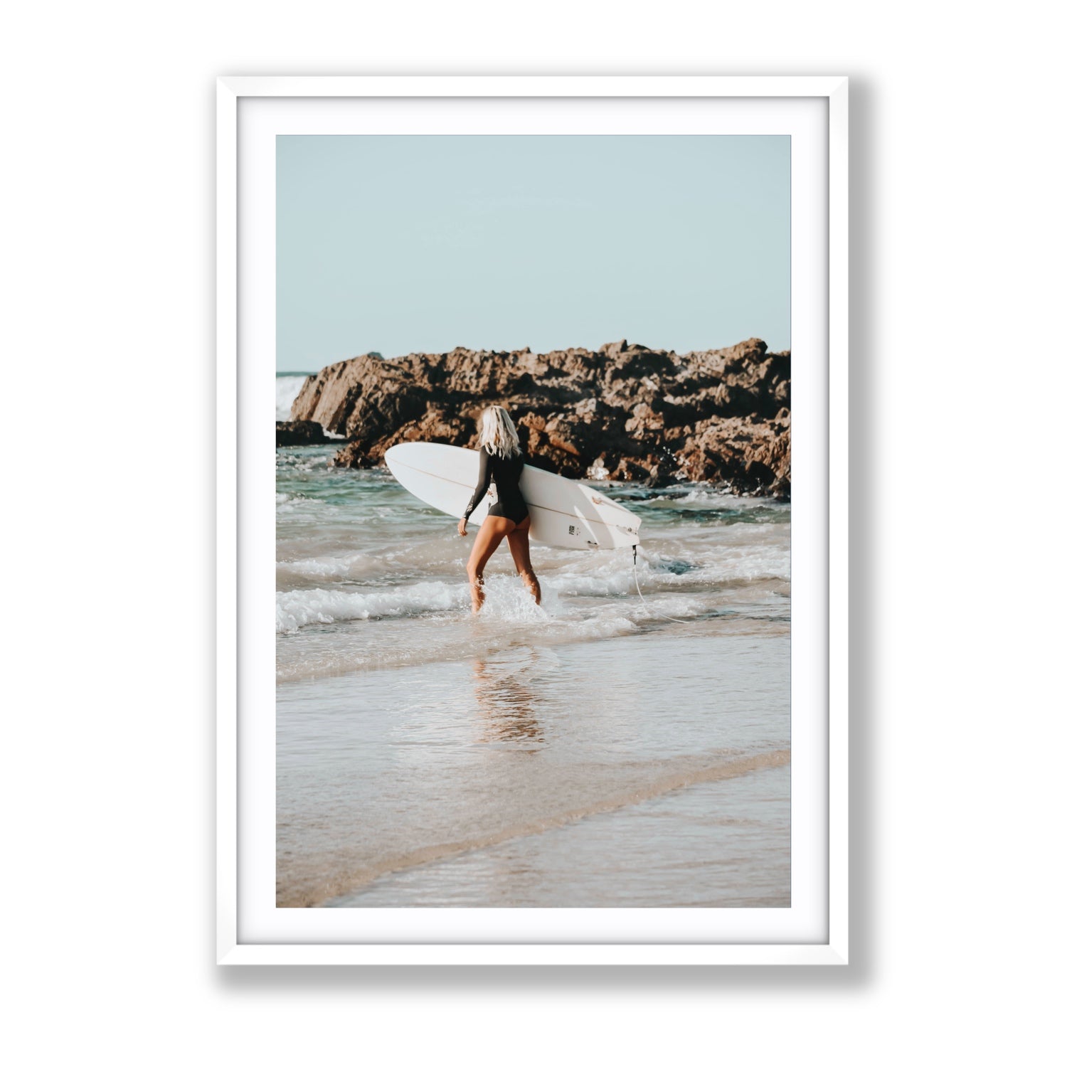 Bethany Byron Bay Surf coastal decor wall art Gallery fine art print in white frame with matboard