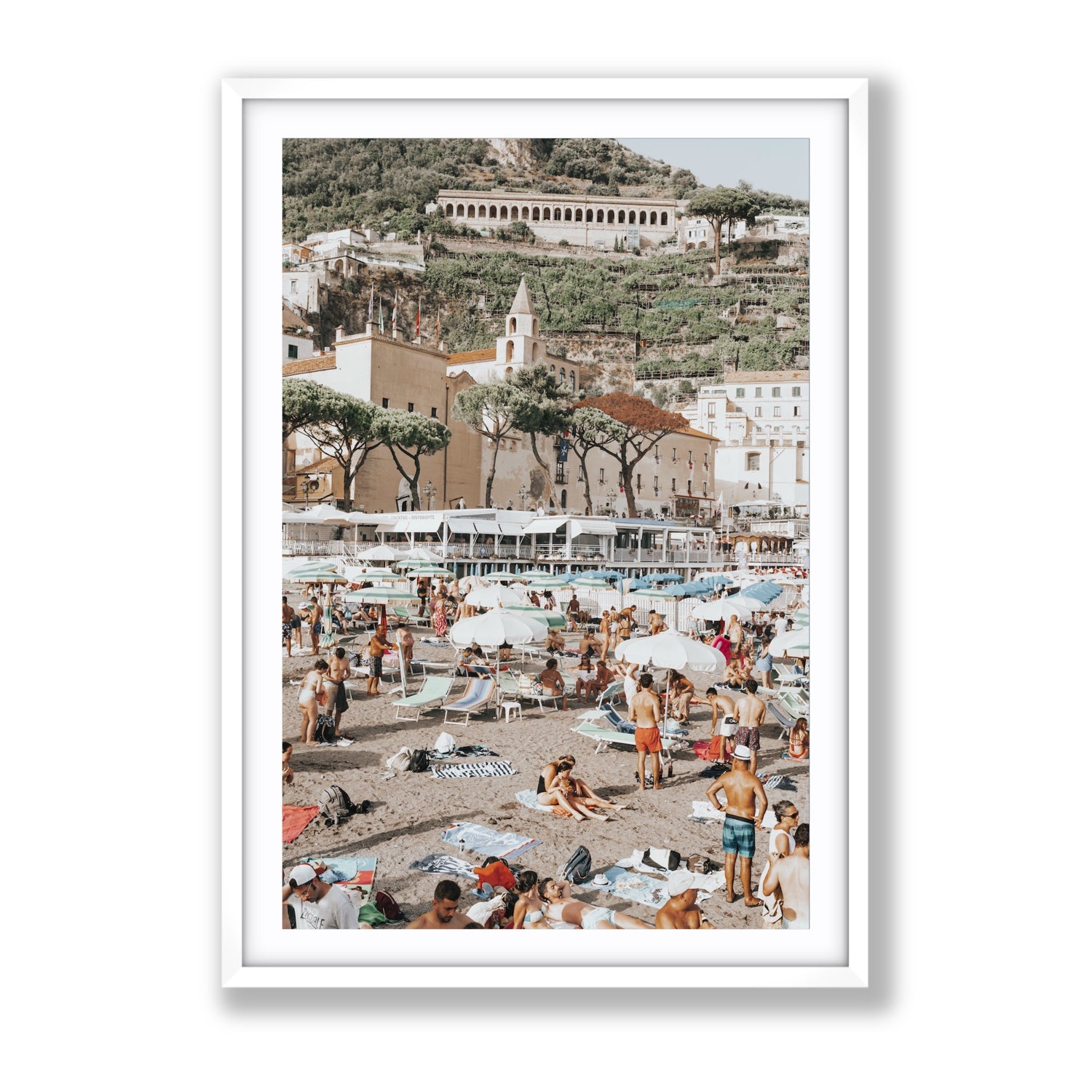 Festa In Spiaggia Amalfi coastal wall art Gallery fine art print in white frame with matboard