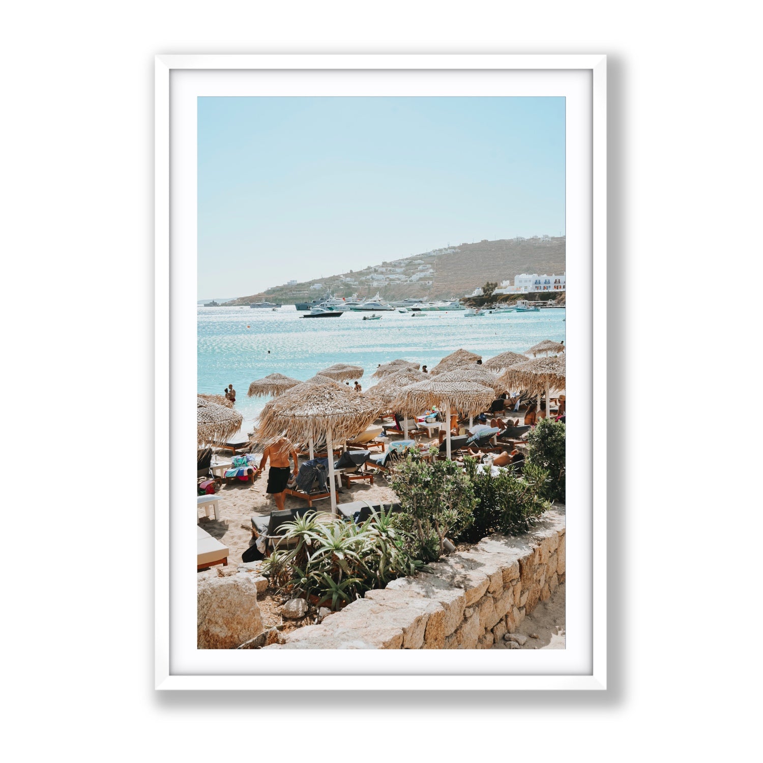 Beachside Huts Mykonos Greek island wall art Gallery fine art print in white frame with matboard