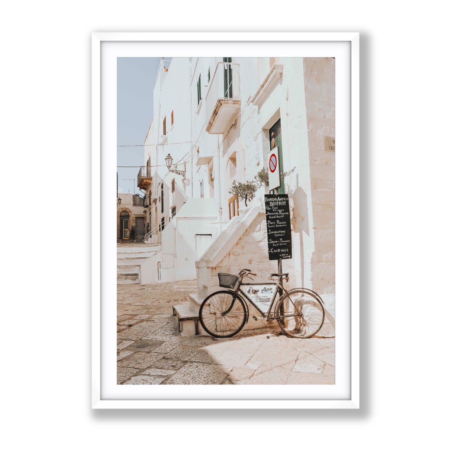 La Bicicletta Puglia Ostuni wall art Gallery fine art print in white frame with matboard