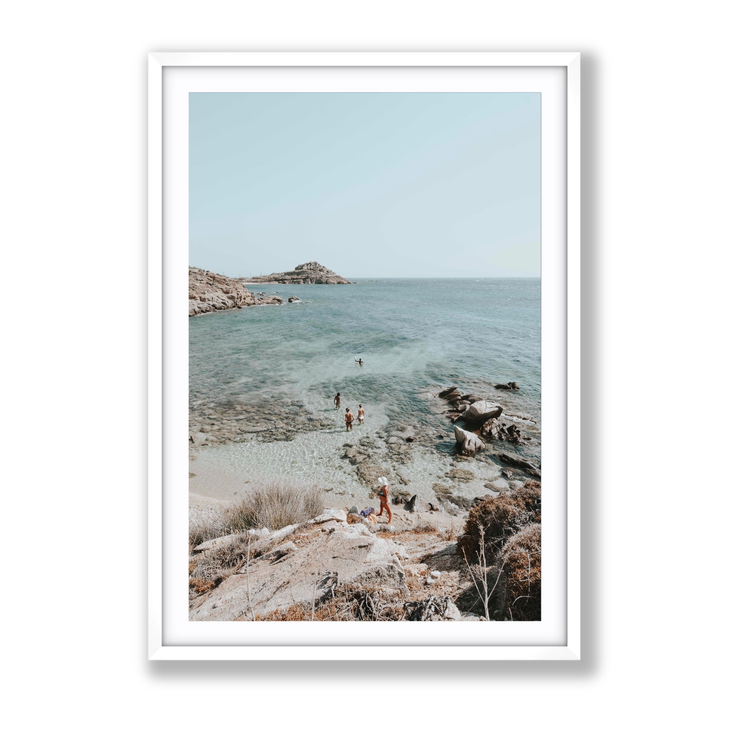 Explorers Mykonos Greek island wall art Gallery fine art print in white frame with matboard