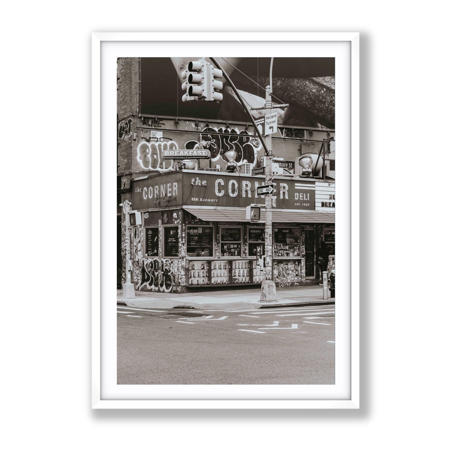 Soho Deli New York NYC Black & White wall art Gallery fine art print in white frame with matboard