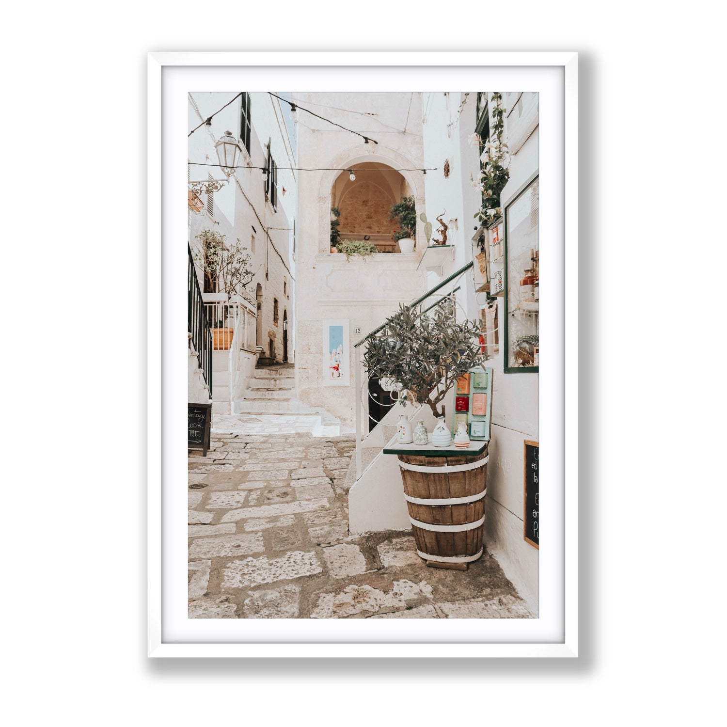 Olive Tree Lane Puglia Ostuni Mediterranean decor wall art Gallery fine art print in white frame with matboard