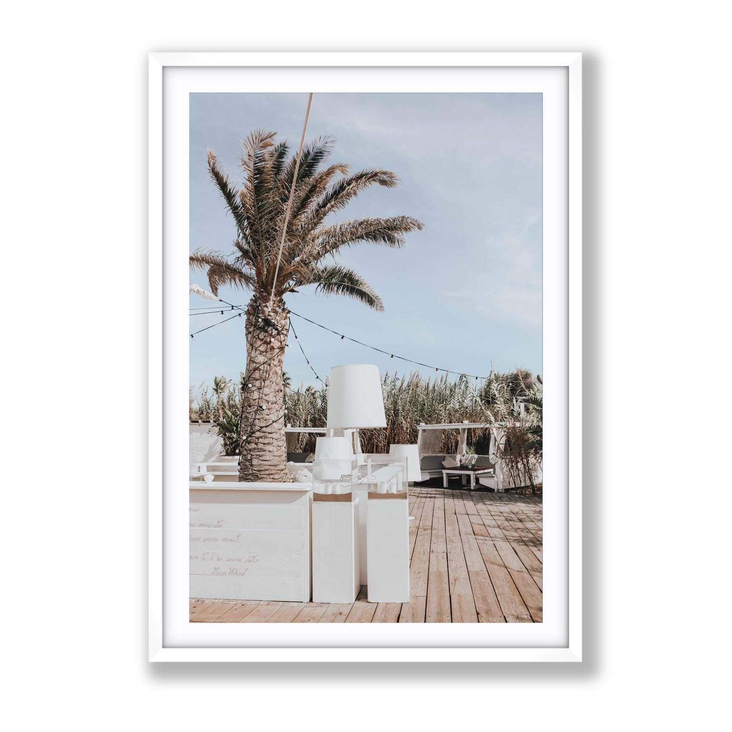 Seabreeze Palm Puglia coastal beach wall art Gallery fine art print in white frame with matboard