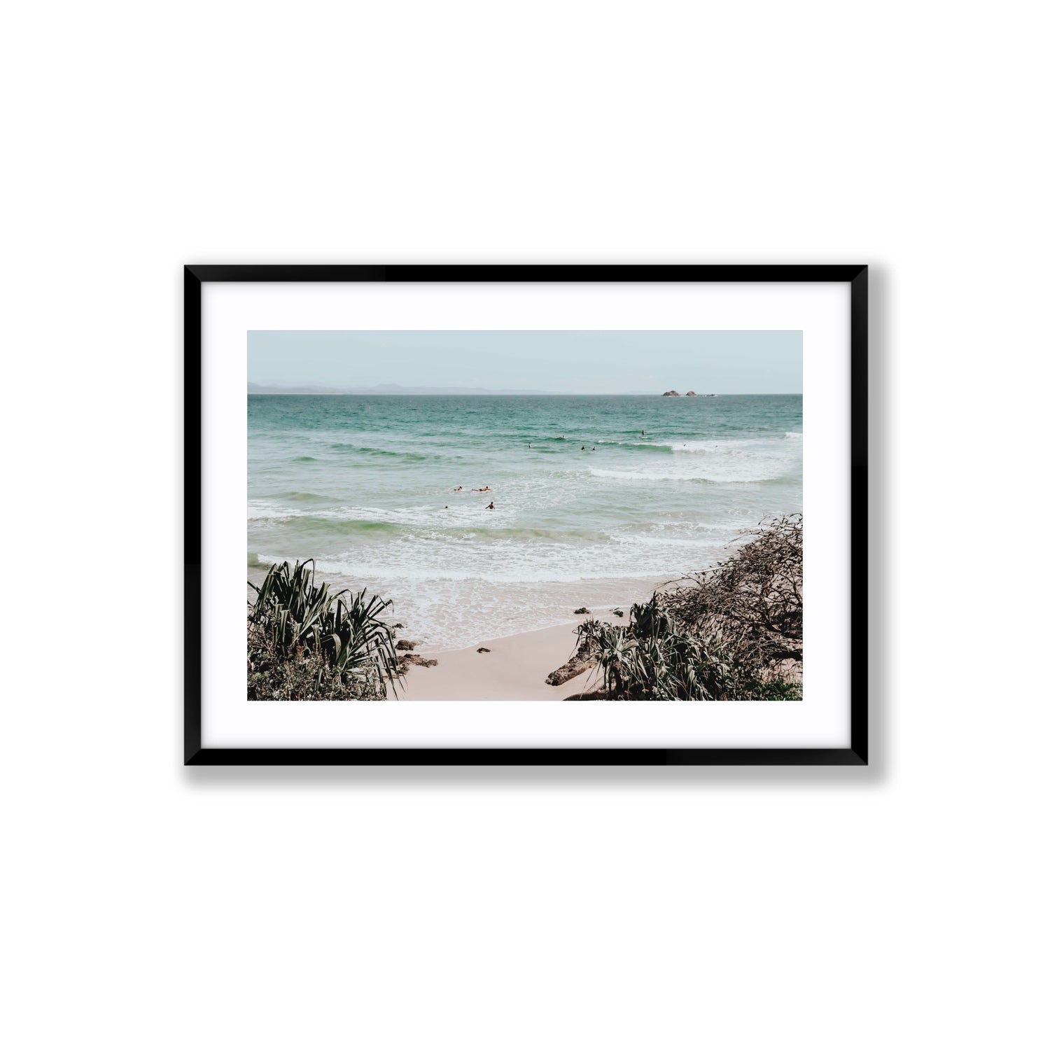 Surf City Byron Bay Surf coastal wall art Large fine art print in black frame with matboard