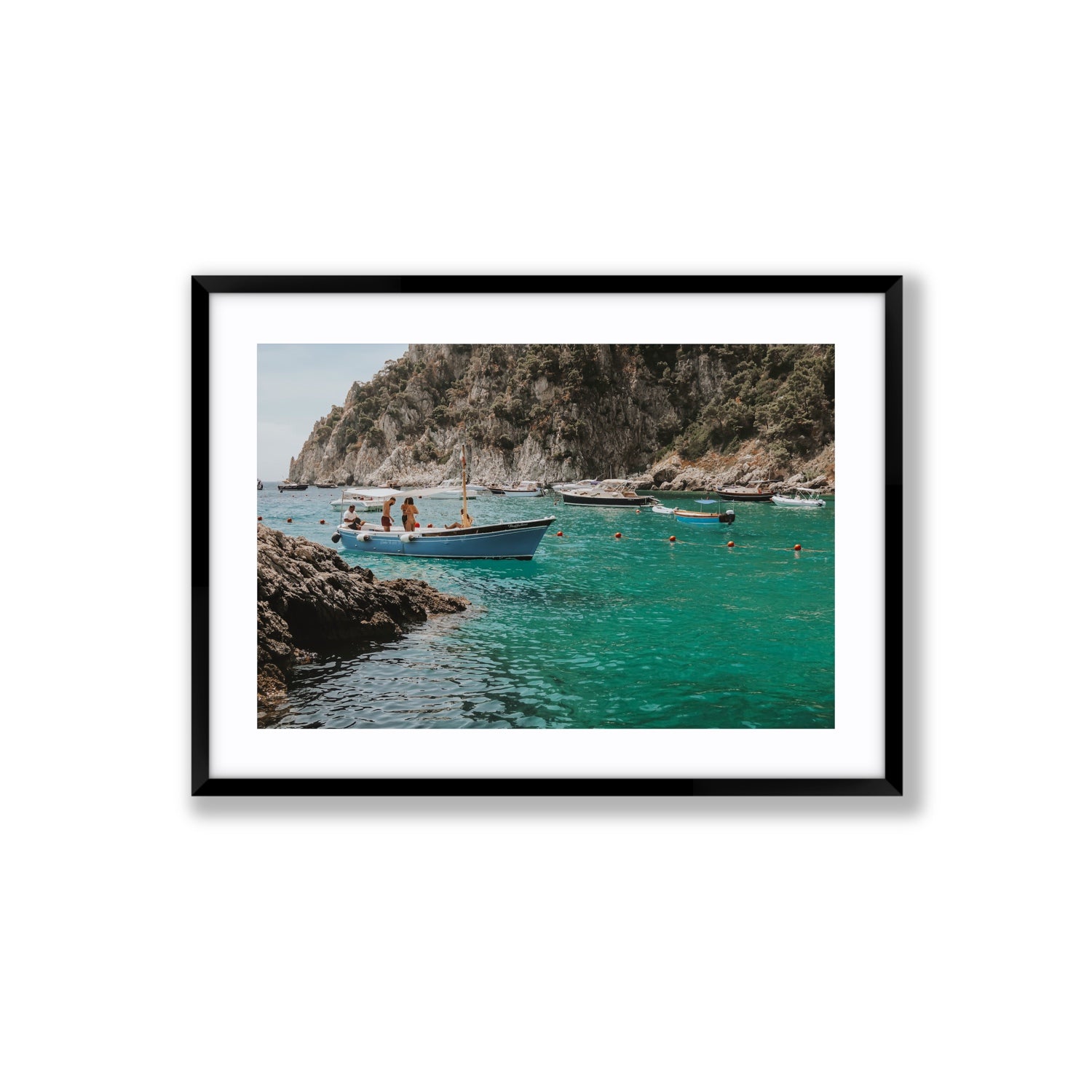 Cozy Cove Capri coastal Mediterranean wall art Large fine art print in black frame with matboard