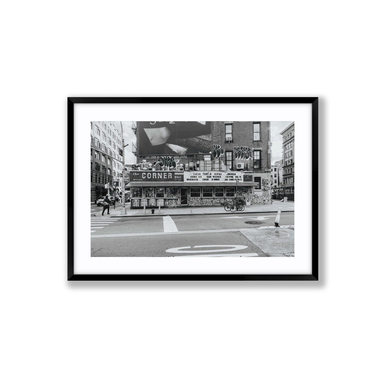 Kenmare Street New York NYC Black & White wall art Large fine art print in black frame with matboard