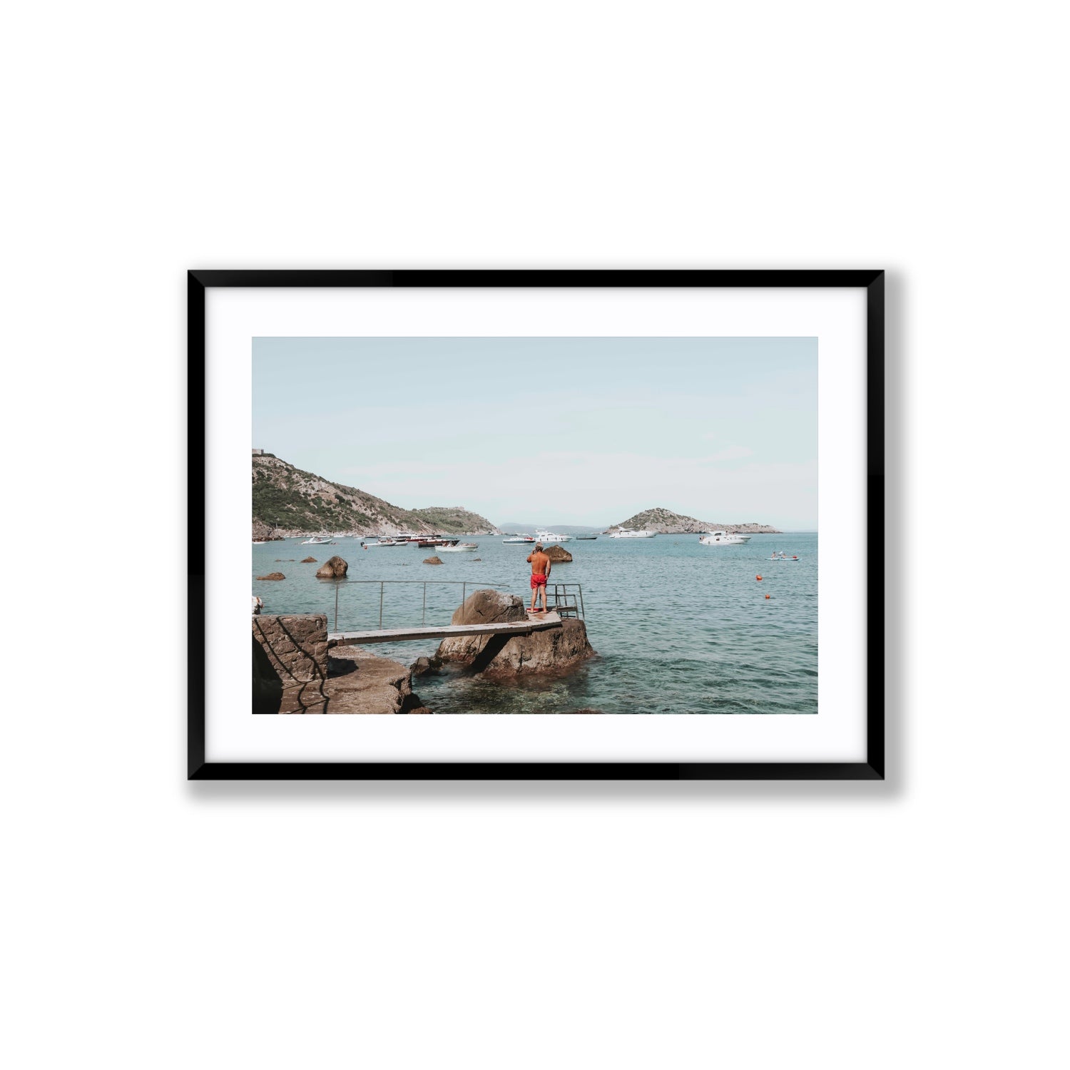 Out Of Office Tuscany coastal Italian wall art Large fine art print in black frame with matboard
