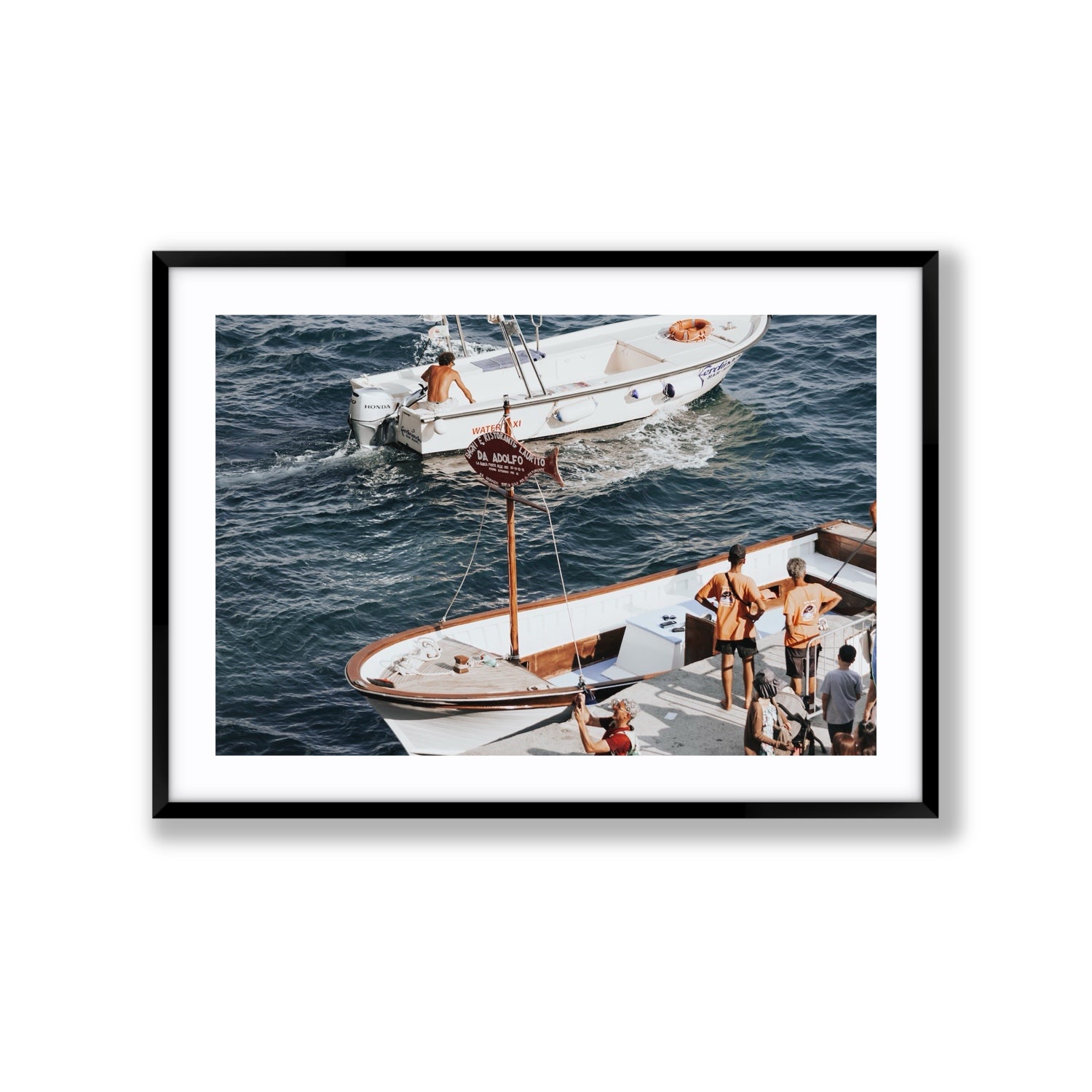 Water Taxi Positano wall art Extra Large fine art print in black frame with matboard