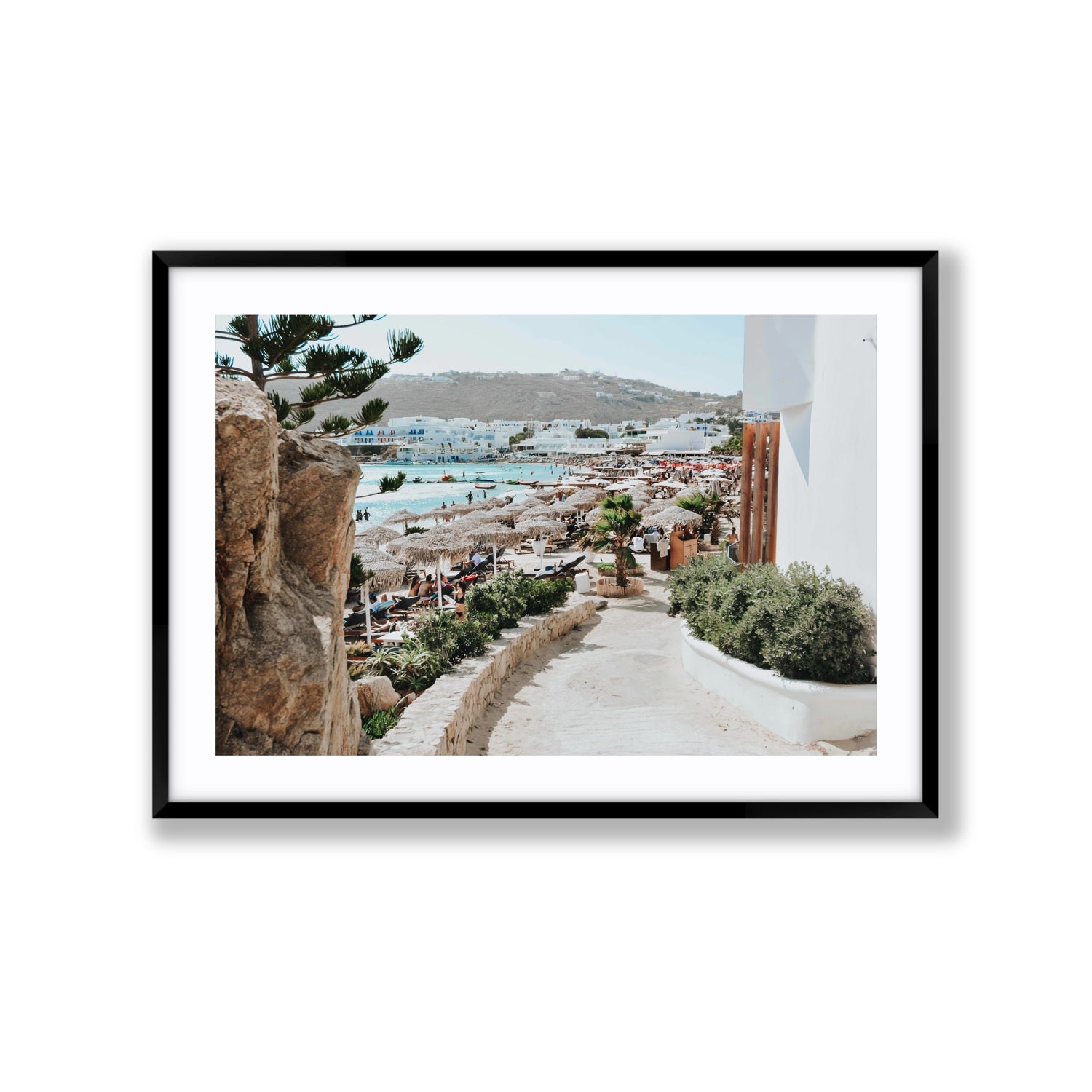 Kalimera Mykonos Greek island wall art Extra Large fine art print in black frame with matboard
