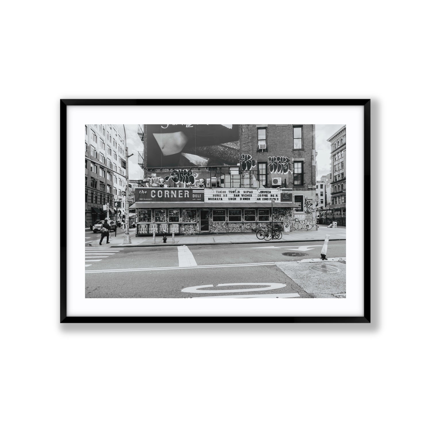 Kenmare Street New York NYC Black & White wall art Extra Large fine art print in black frame with matboard
