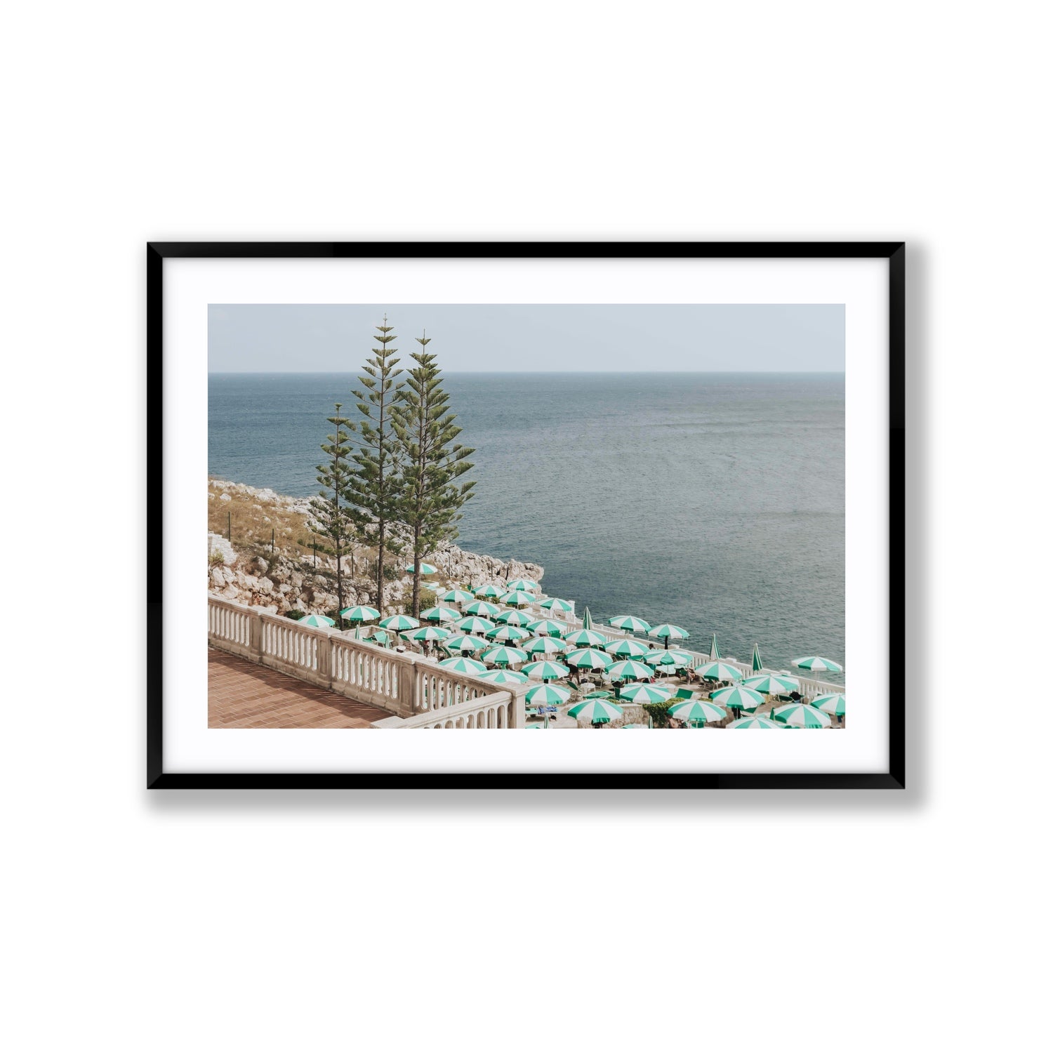 Azure Horizon Puglia beach coastal wall art Extra Large fine art print in black frame with matboard