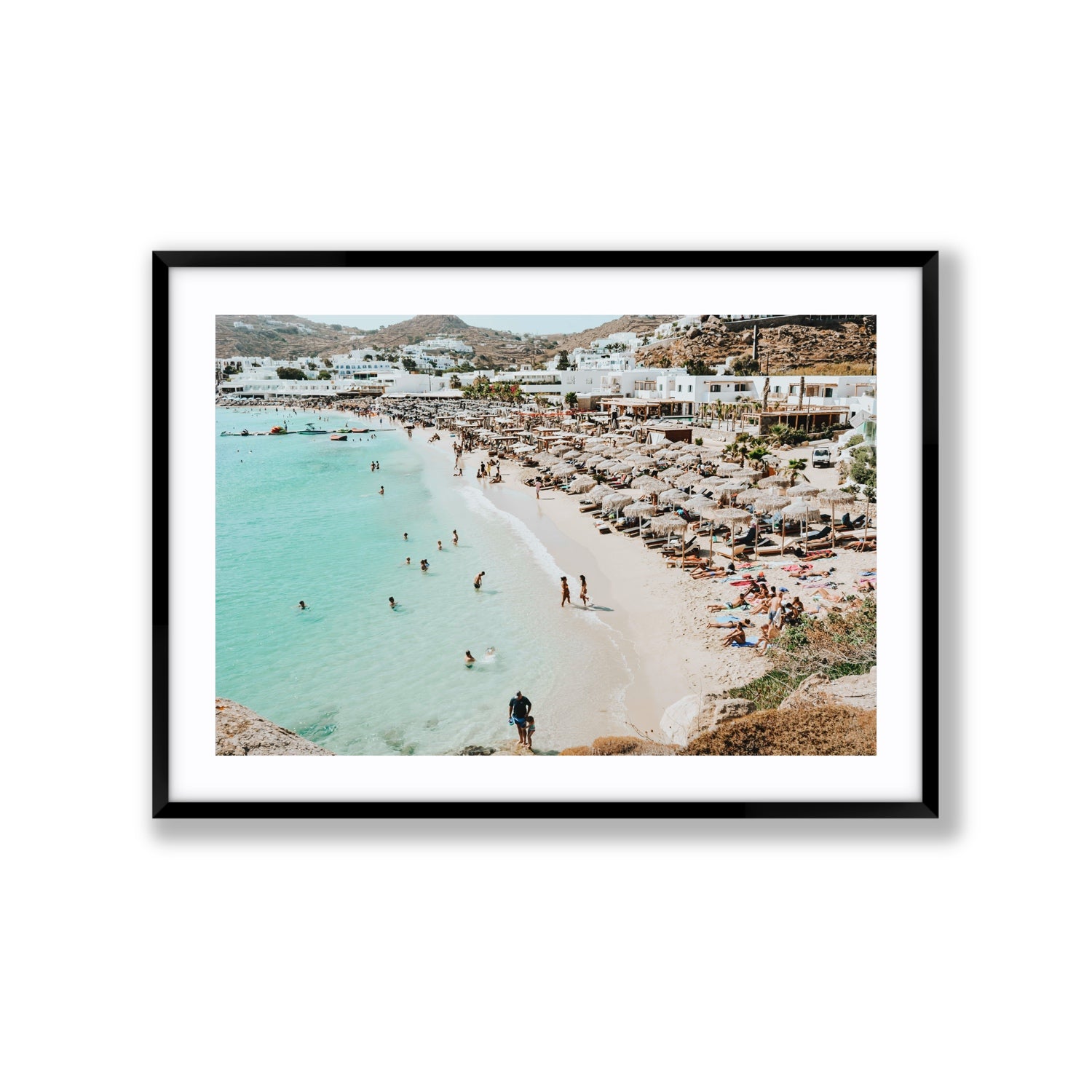 Aquaholic Mykonos Greek island wall art Extra Large fine art print in black frame with matboard