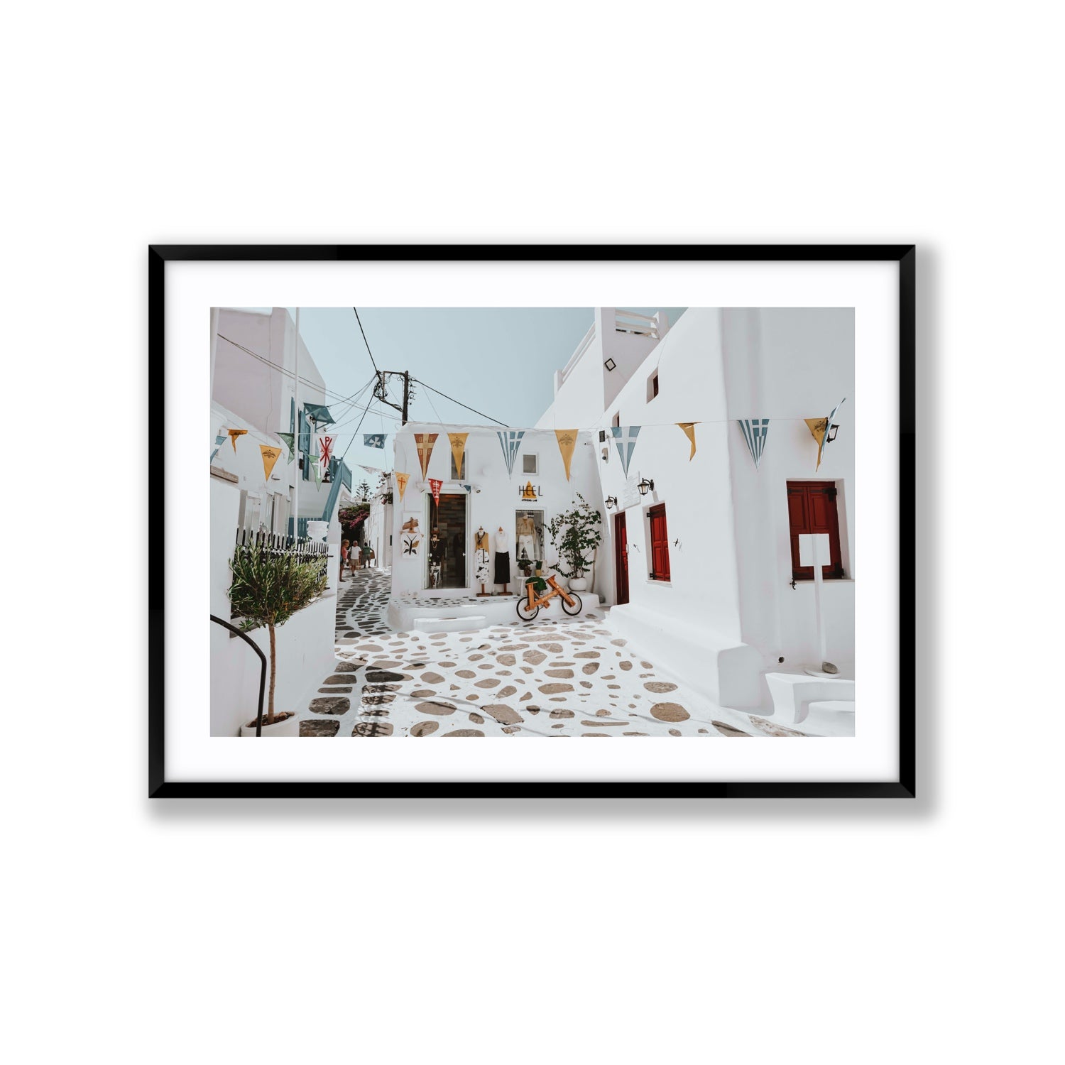 Cruising The Streets Mykonos Greek island wall art Extra Large fine art print in black frame with matboard