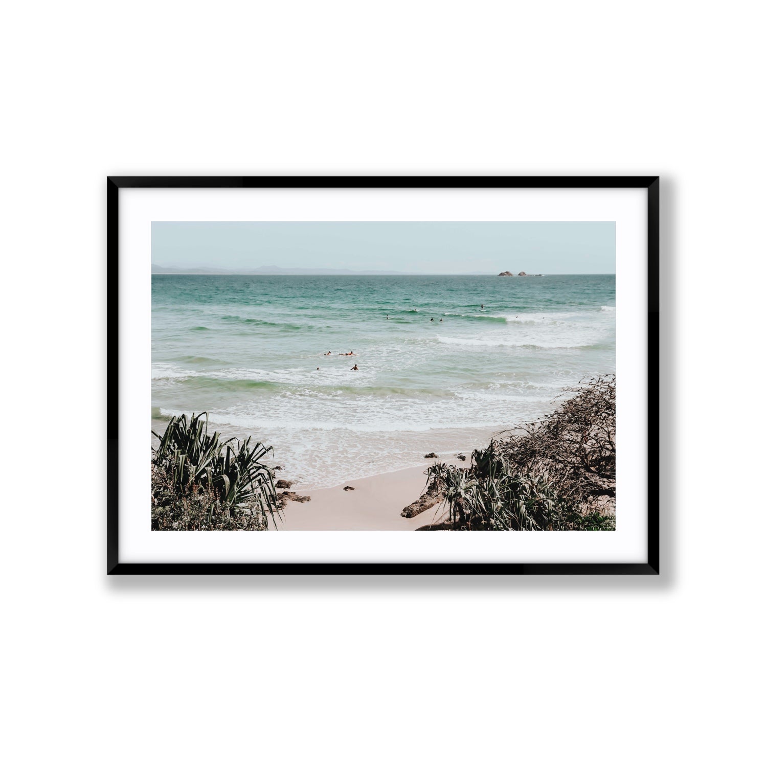 Surf City Byron Bay Surf coastal wall art Extra Large fine art print in black frame with matboard
