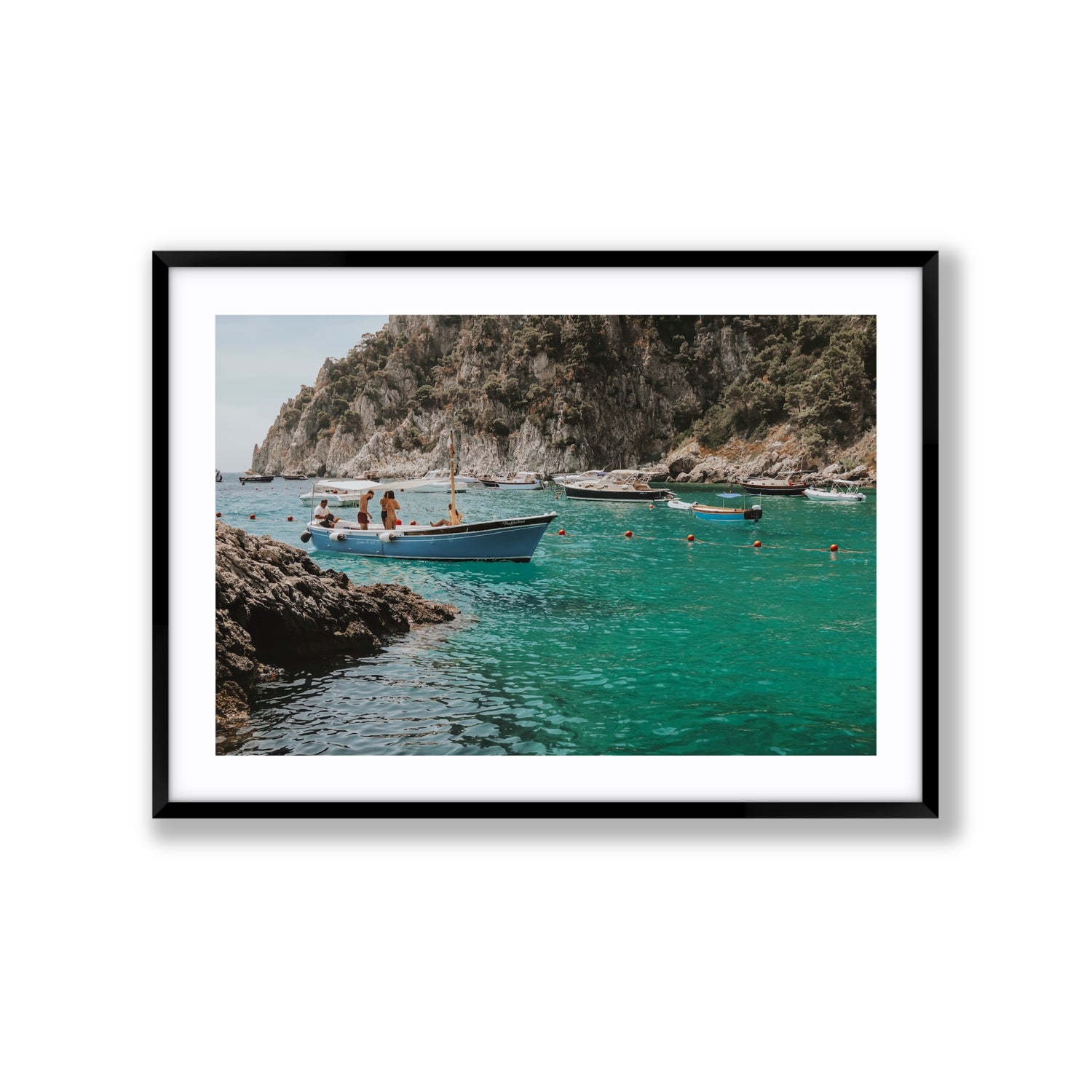 Cozy Cove Capri coastal Mediterranean wall art Extra Large fine art print in black frame with matboard