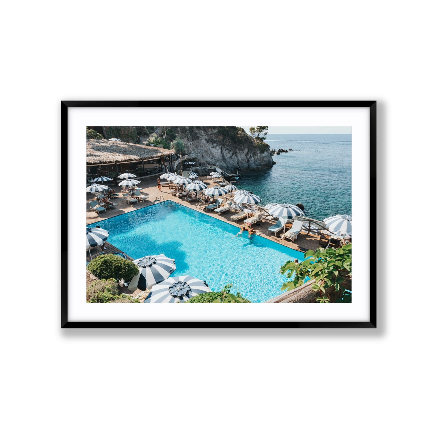 Oceanview Ischia Italian coastal wall art Extra Large fine art print in black frame with matboard