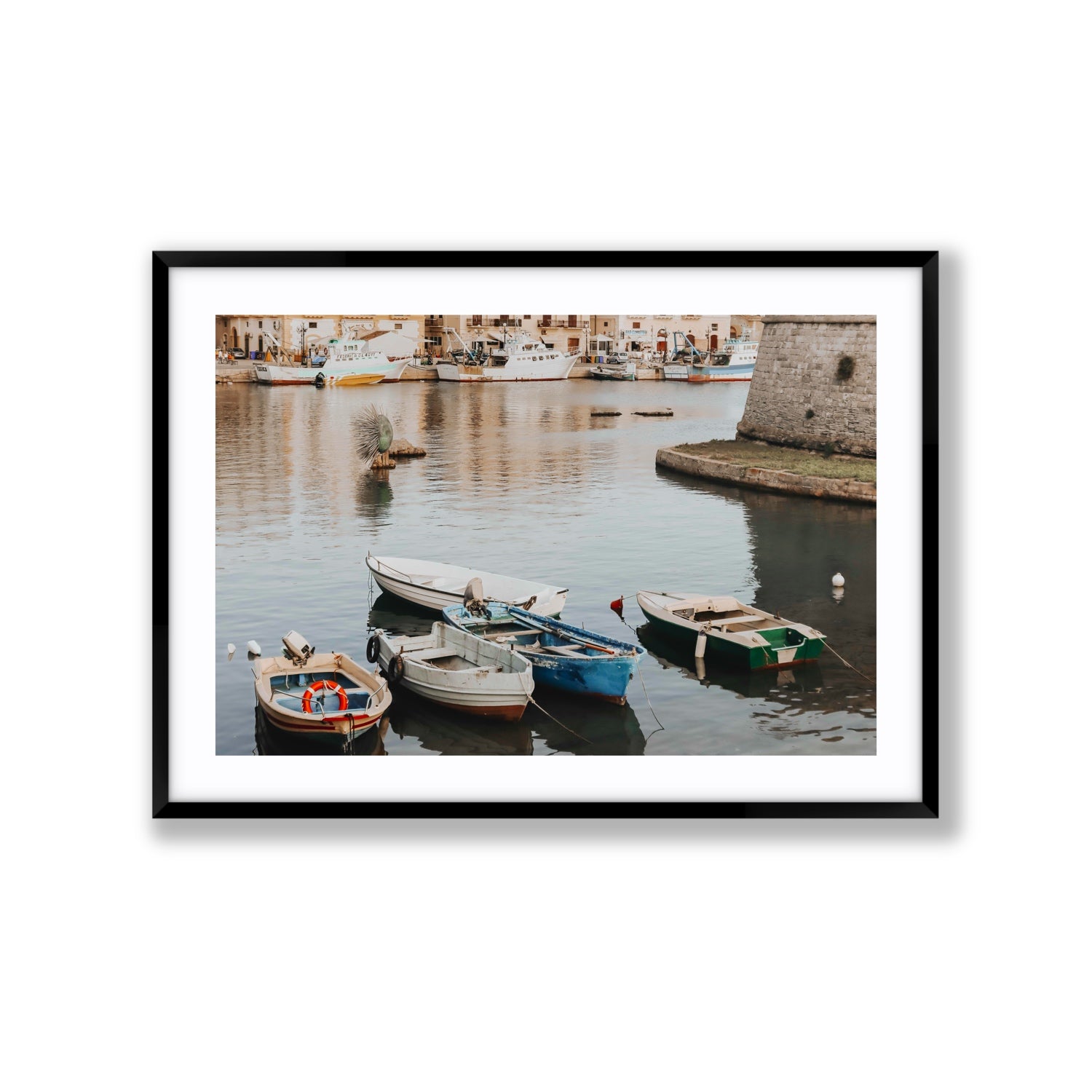 Cinque Barche Puglia Gallipoli Italian art print Extra Large fine art print in black frame with matboard