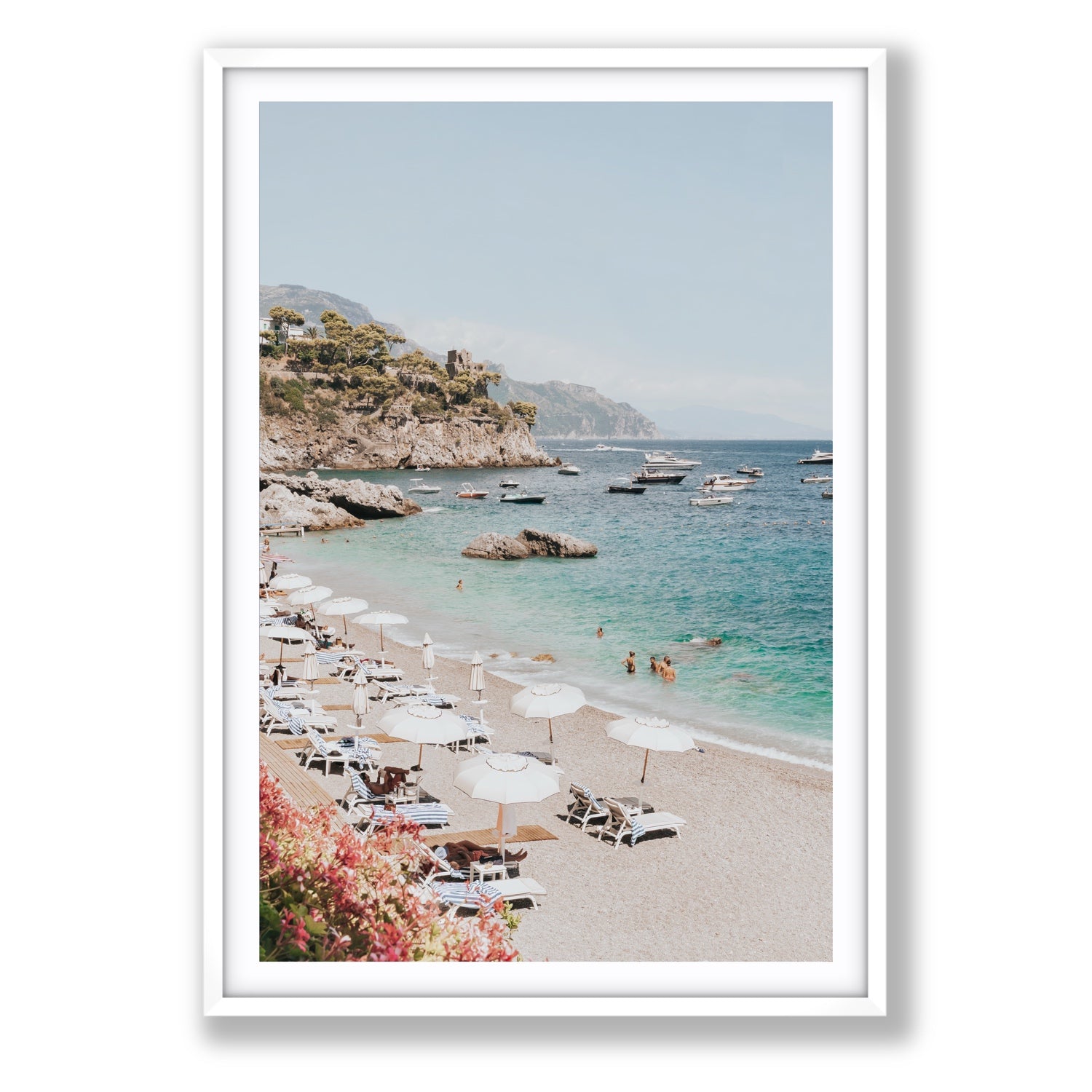 Seaview Refuge Amalfi coastal wall art statement fine art print in white frame with matboard