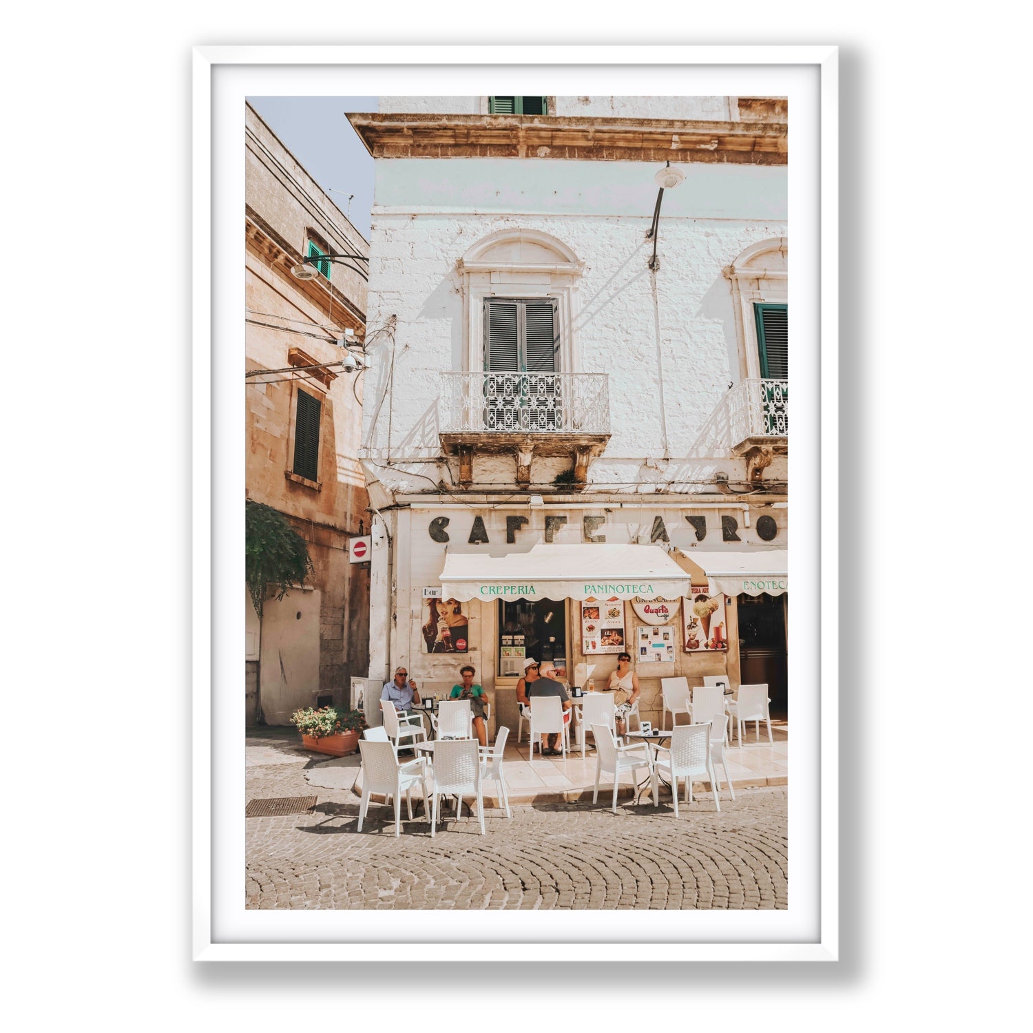 Cafe Ostuni Puglia Café Ostuni Italian wall art Statement fine art print in white frame with matboard