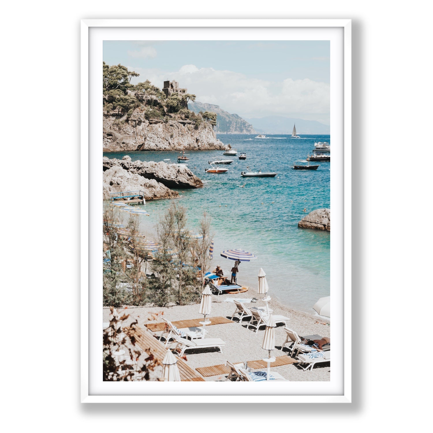 Sizzling Summer Days Amalfi coastal wall art Statement fine art print in white frame with matboard