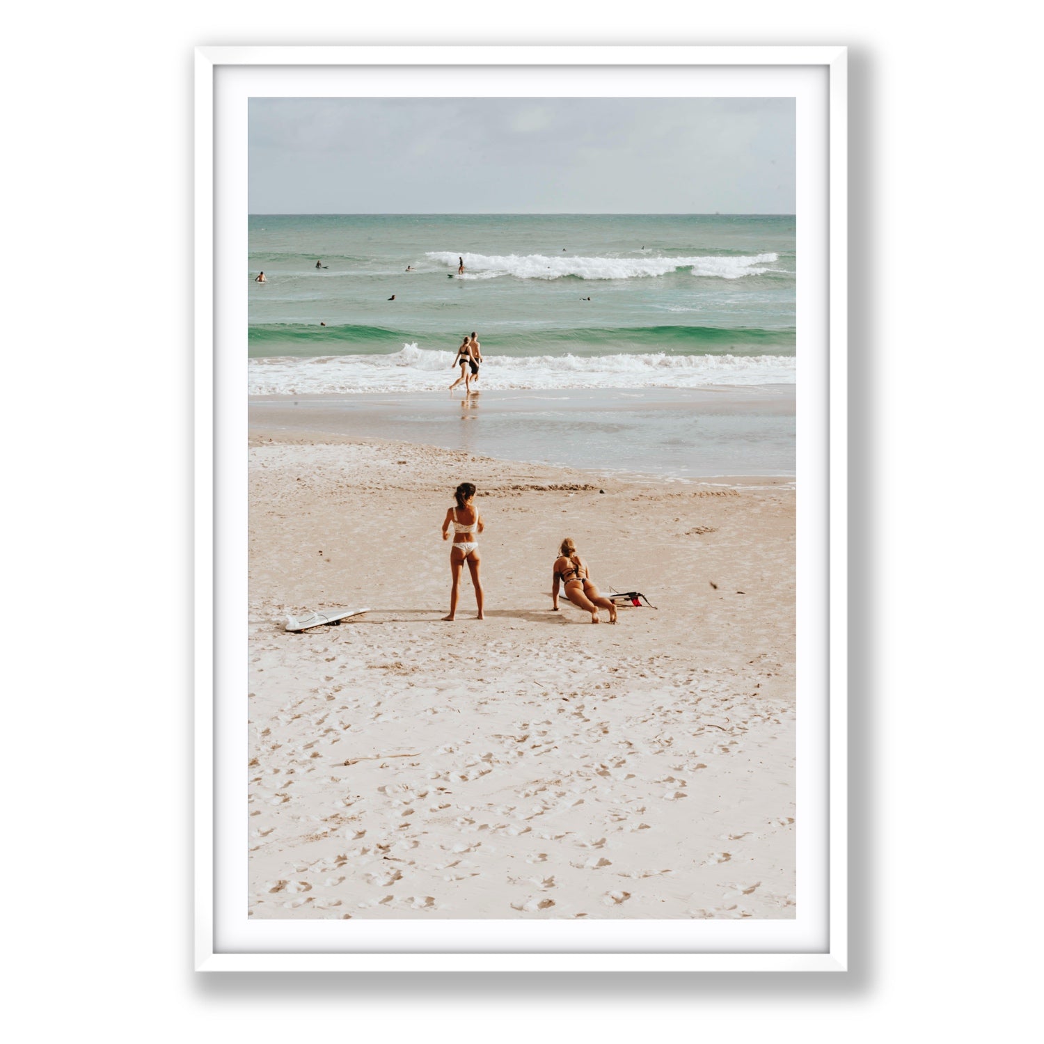 Gidget & Betty Byron Bay beach coastal wall art Statement fine art print in white frame with matboard
