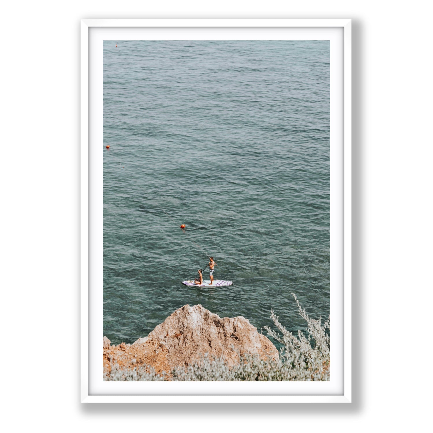 Into The Vibe Without Getting Wet Tuscany coastal wall art Statement fine art print in white frame with matboard