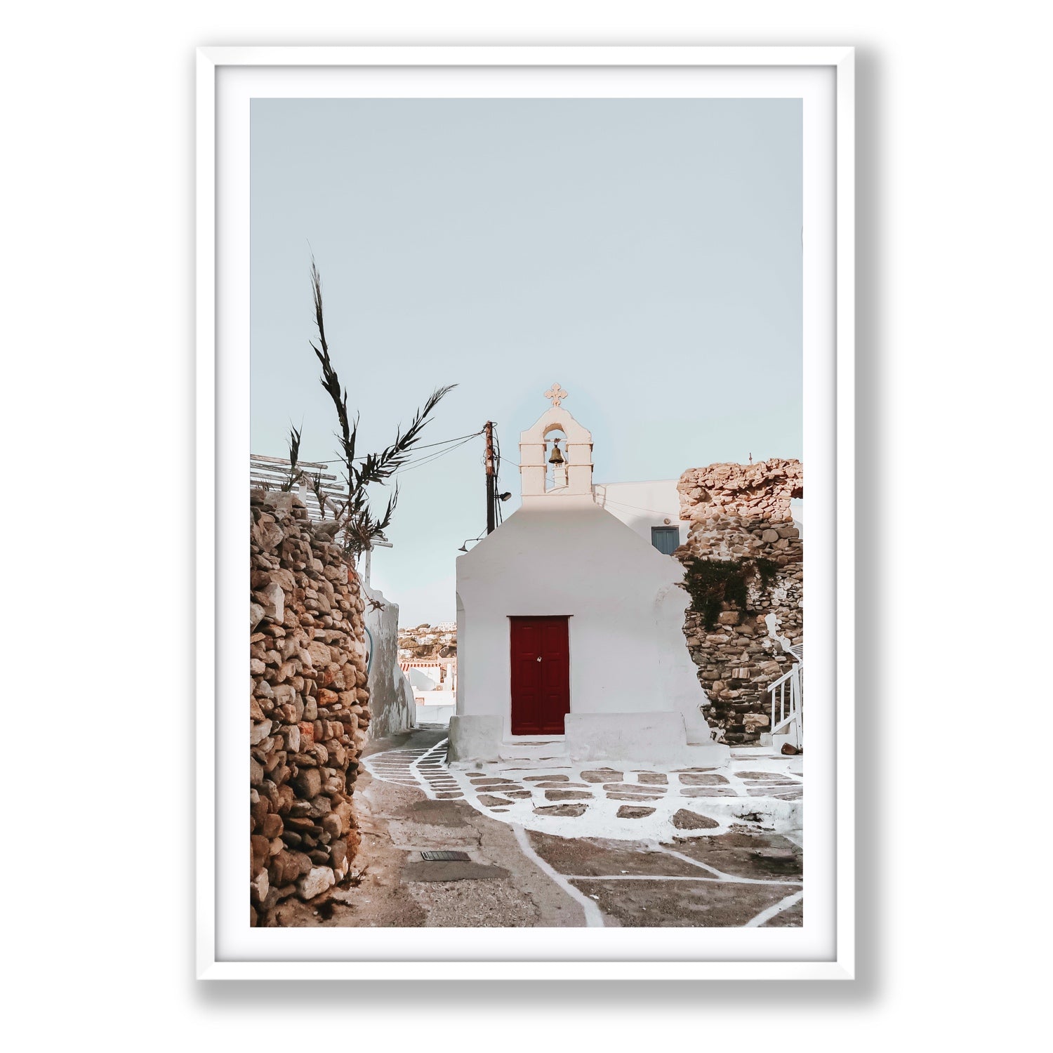 Little Chapel Mykonos Greek island wall art Statement fine art print in white frame with matboard